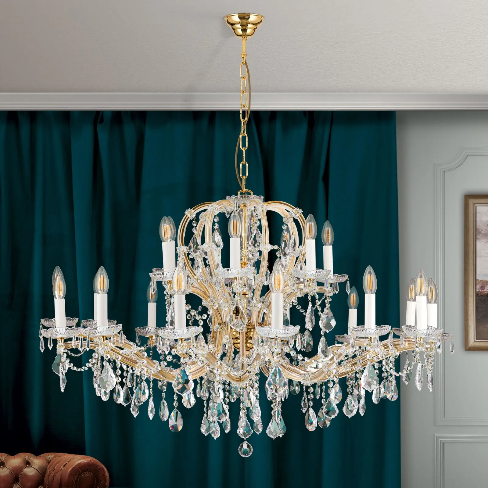 Viseća lampa MARIA THERESIA, 21 izvor svetla, zlatna, sa krunom - 3