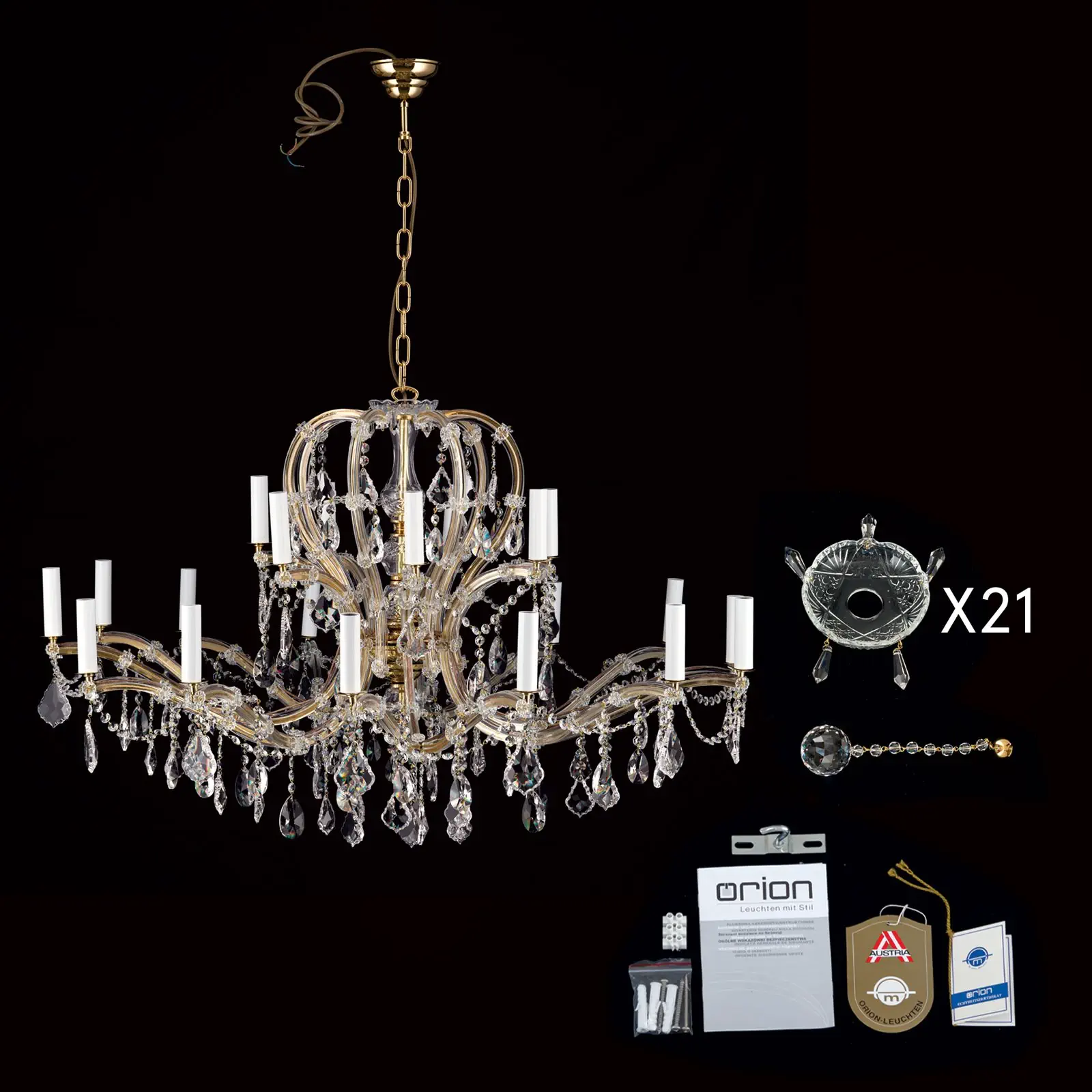 Viseća lampa MARIA THERESIA, 21 izvor svetla, zlatna, sa krunom - 8