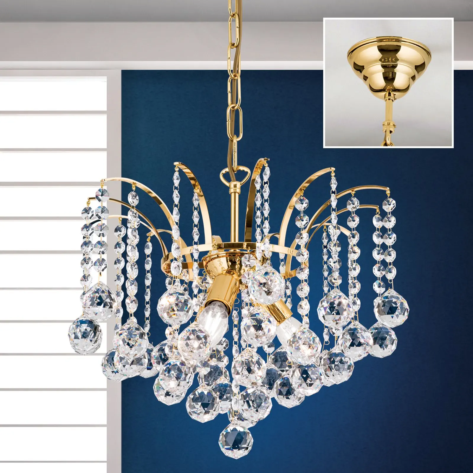 Luster KRISTALL KLASSISCH, 3 izvora svetla, zlatni sa providnim kristalnim visećim elementima - 2