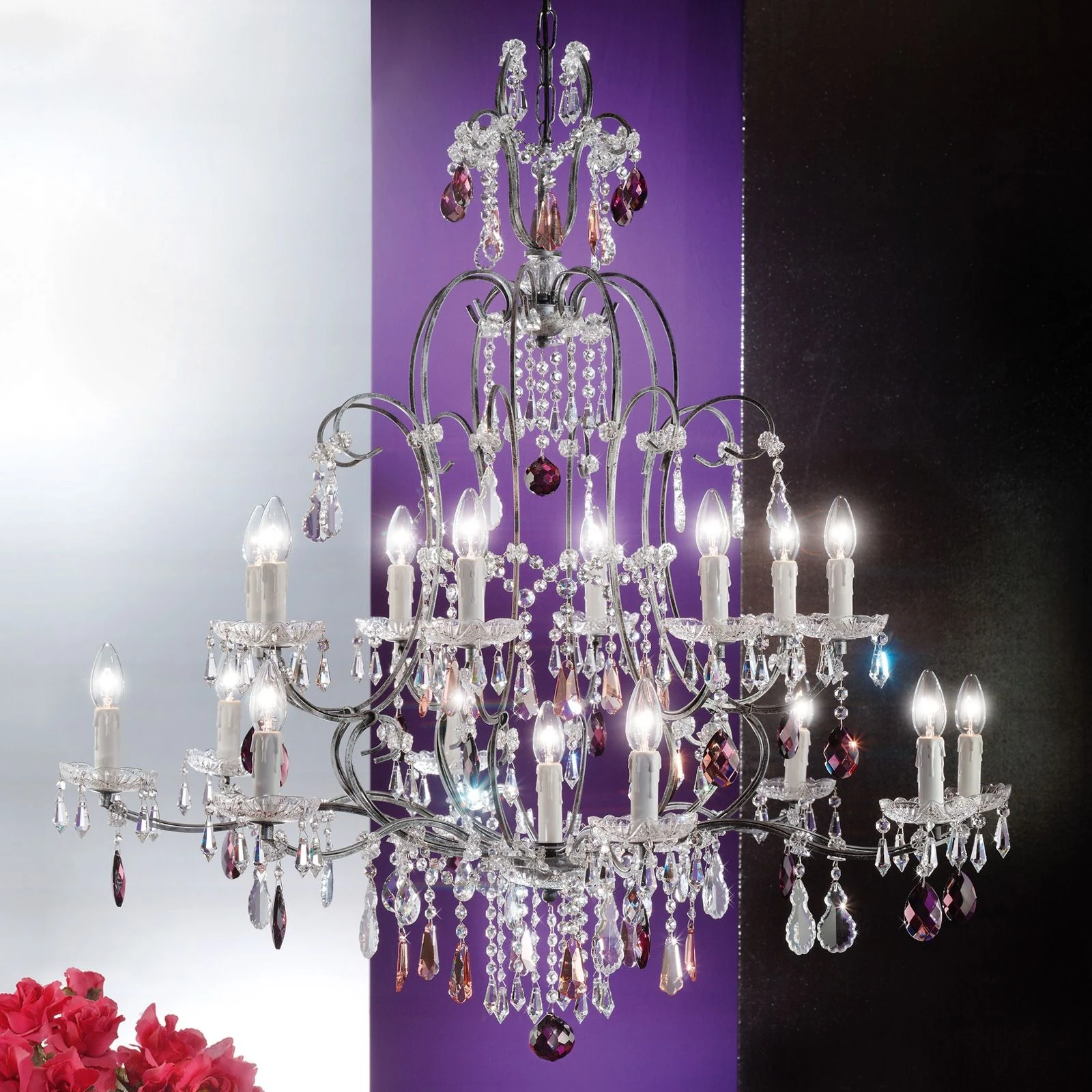 Luster VERONA, 17 izvora svetla, antik srebro, providni kristali - 1