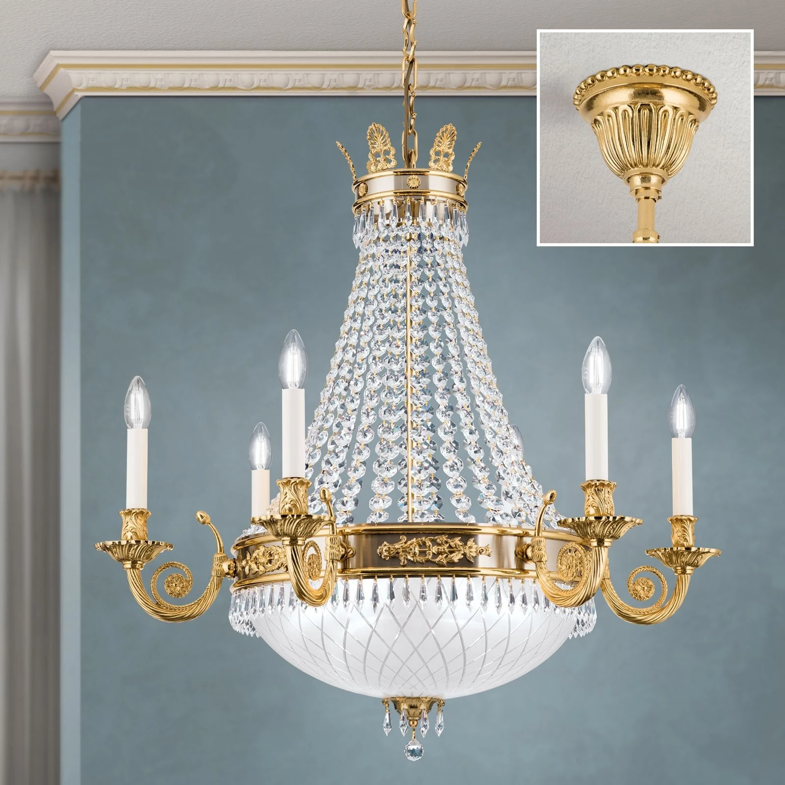 Luster EMPIRE CRYSTAL, 6+6 izvora svetla, 24-karatno pozlaćen, saten difuzno opalno staklo - 2