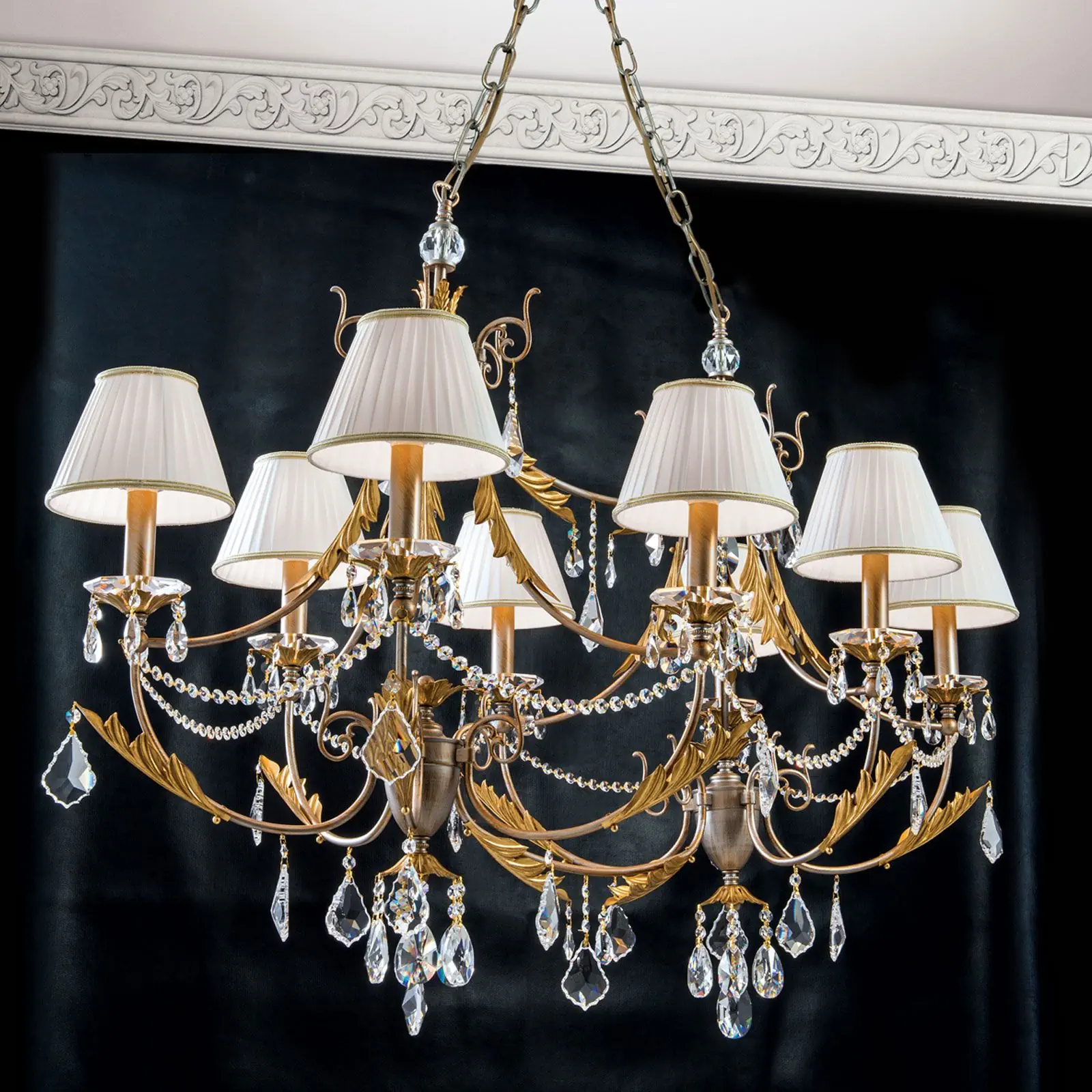 Luster MIRAMARE, 8 izvora svetla, srebrno-zlatni, sa belim organza abažurima - 1