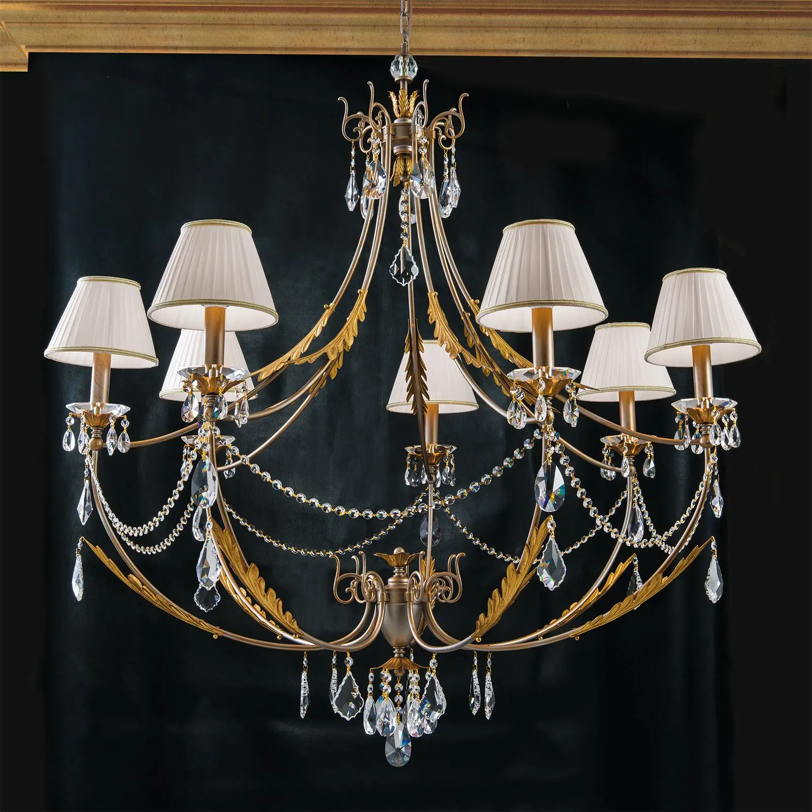 Luster MIRAMARE, 7 izvora svetla, srebrno-zlatni, sa belim organza abažurima - 1