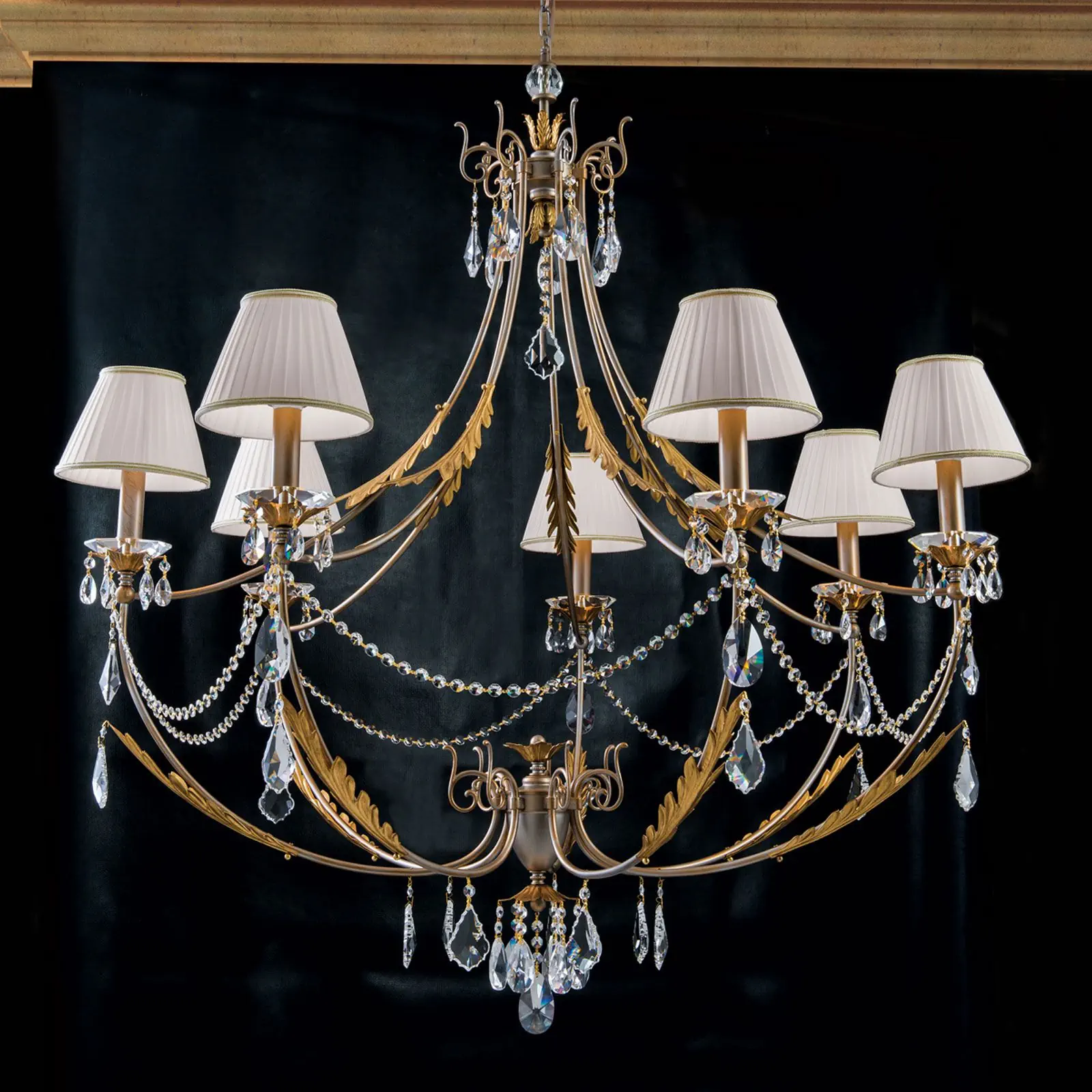 Luster MIRAMARE, 7 izvora svetla, srebrno-zlatni, sa belim organza abažurima - 2