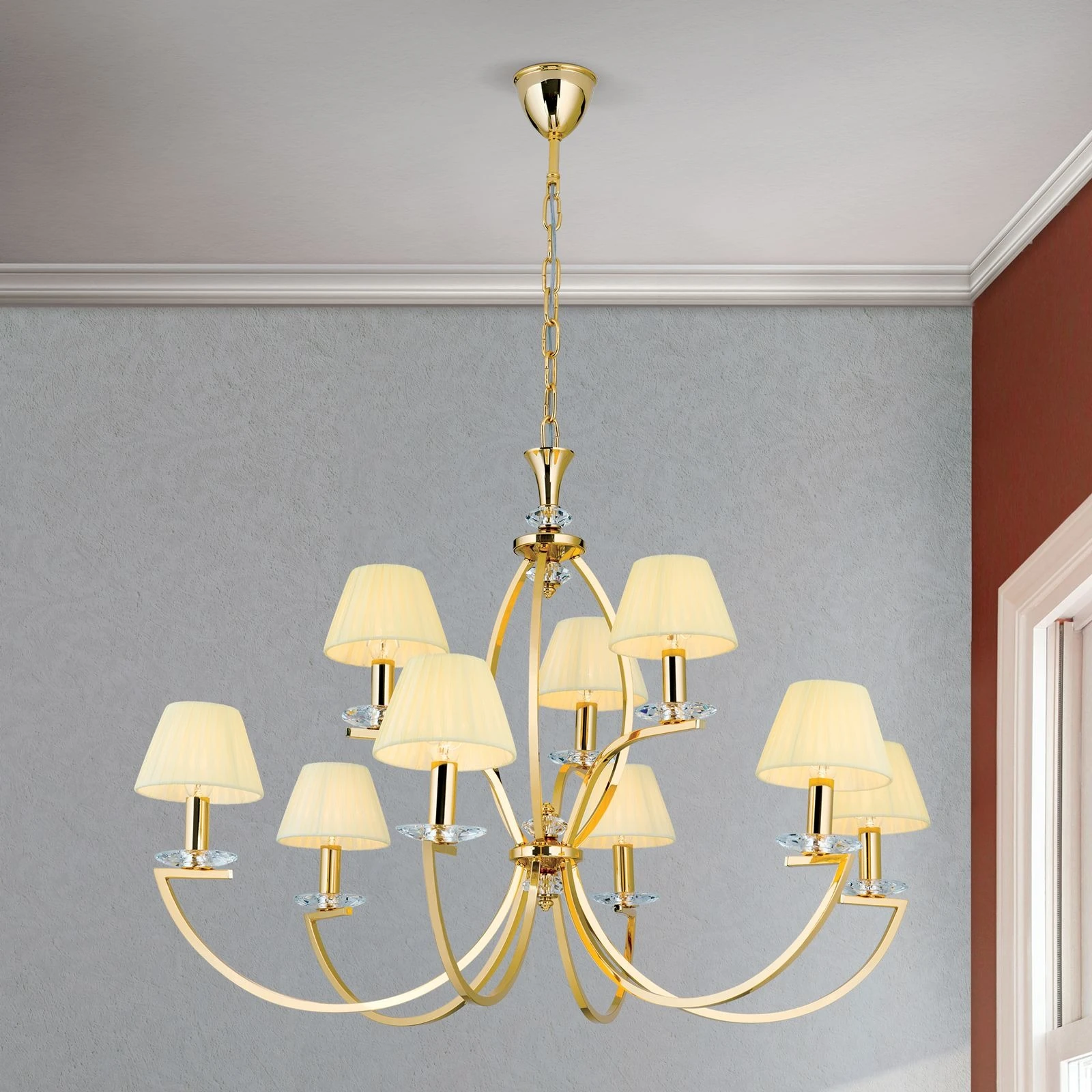 Luster AVALA, 9 izvora svetla, 24-karatno pozlaćen, providni kristali, šampanj abažuri - 10