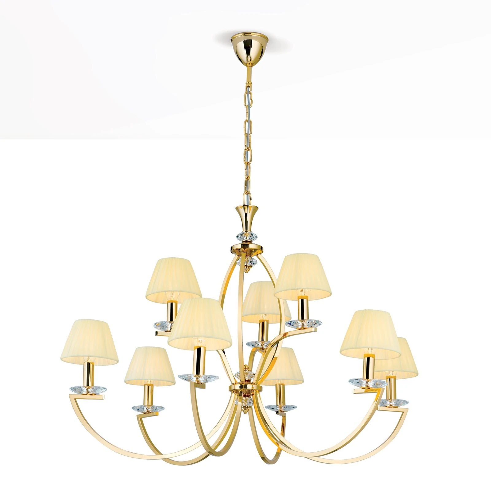 Luster AVALA, 9 izvora svetla, 24-karatno pozlaćen, providni kristali, šampanj abažuri - 7