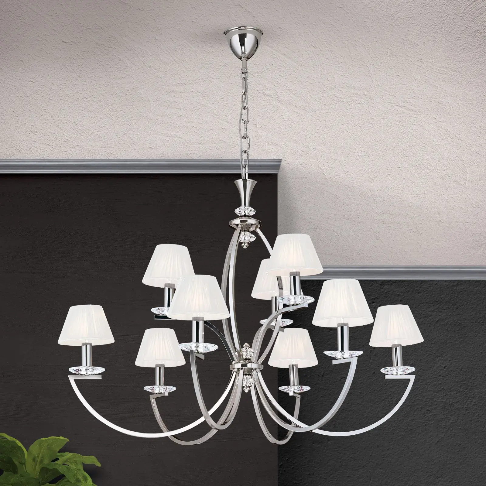 Luster AVALA, 9 izvora svetla, nikl, sa belim abažurima