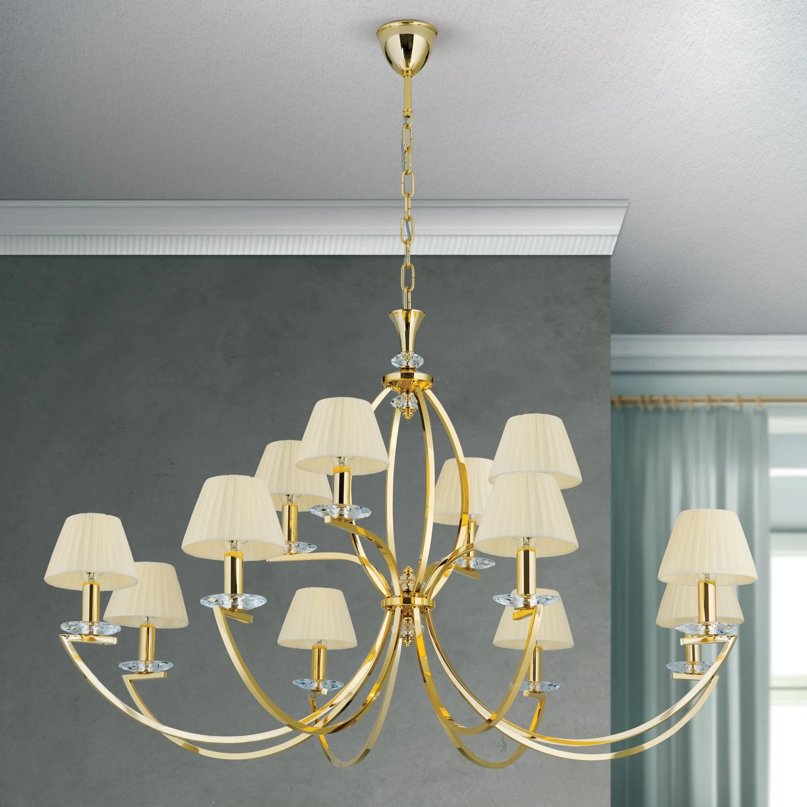 Luster AVALA, 12 izvora svetla, 24-karatno pozlaćen, providni kristali, šampanj abažuri - 10