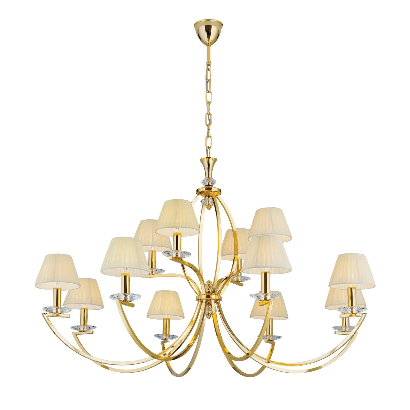 Luster AVALA, 12 izvora svetla, 24-karatno pozlaćen, providni kristali, šampanj abažuri - 5