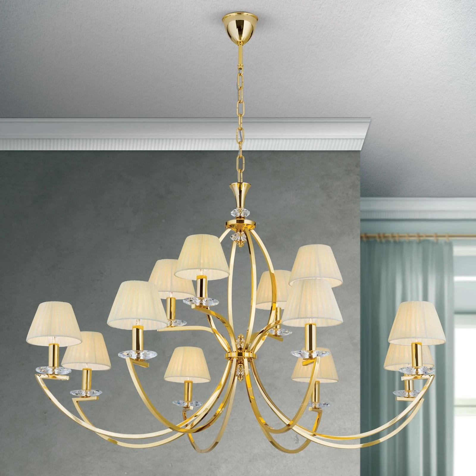 Luster AVALA, 12 izvora svetla, 24-karatno pozlaćen, providni kristali, šampanj abažuri - 8