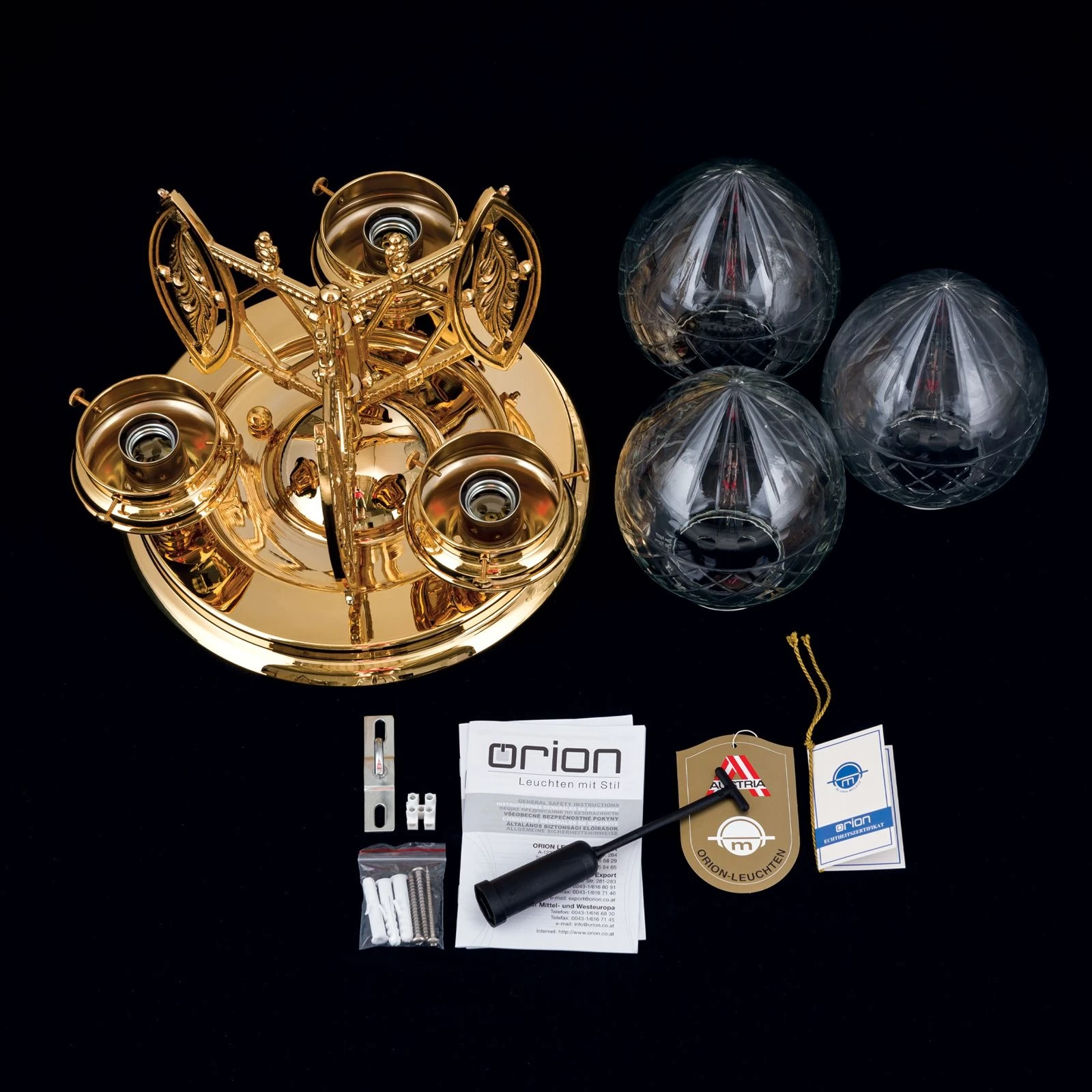 Plafonski luster BUDAPEST, 3 izvora svetla, 24-karatno pozlaćen, prozirno brušeno staklo - 8