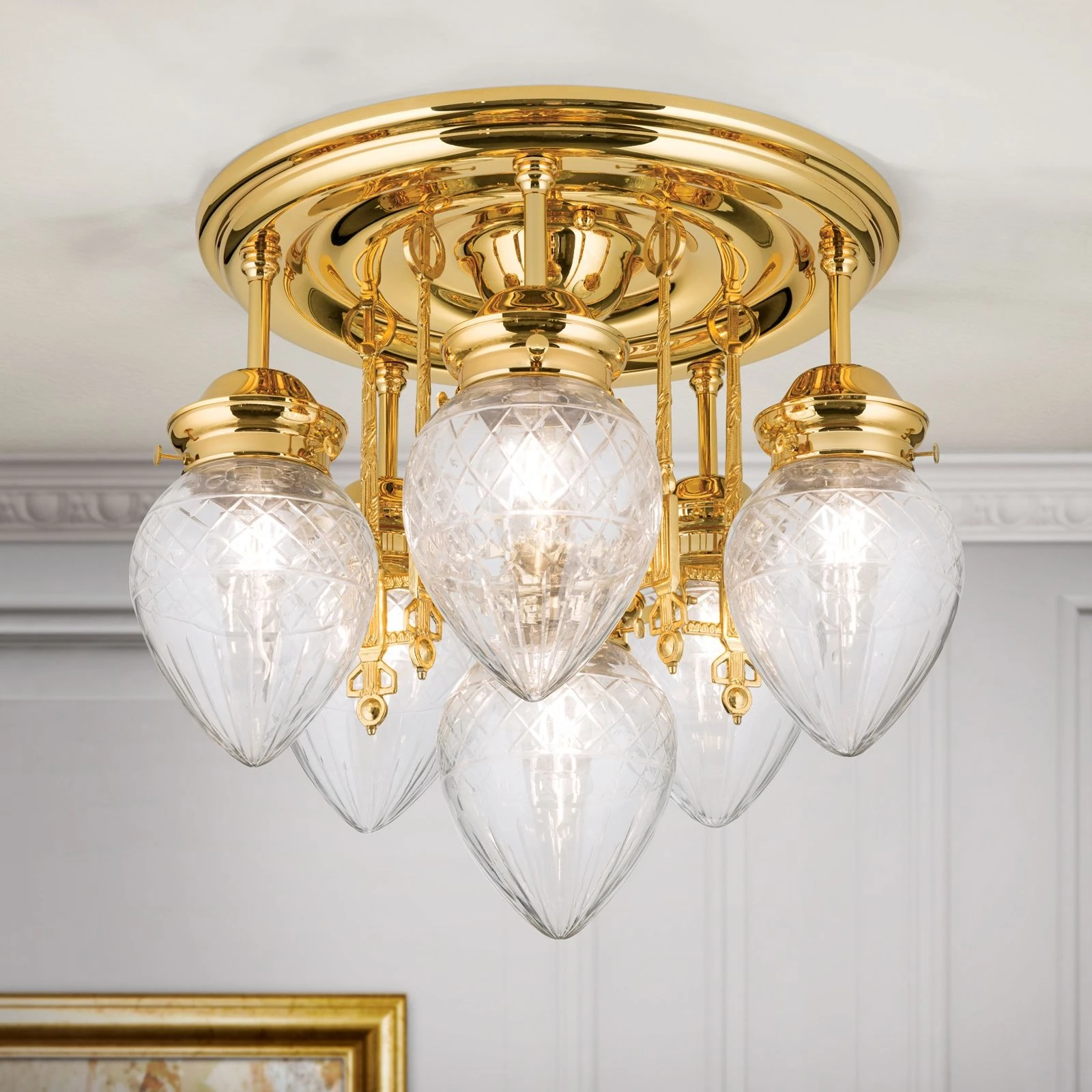 Plafonski luster BUDAPEST, 6 izvora svetla (5+1), 24-karatno pozlaćen, prozirno brušeno staklo - 2
