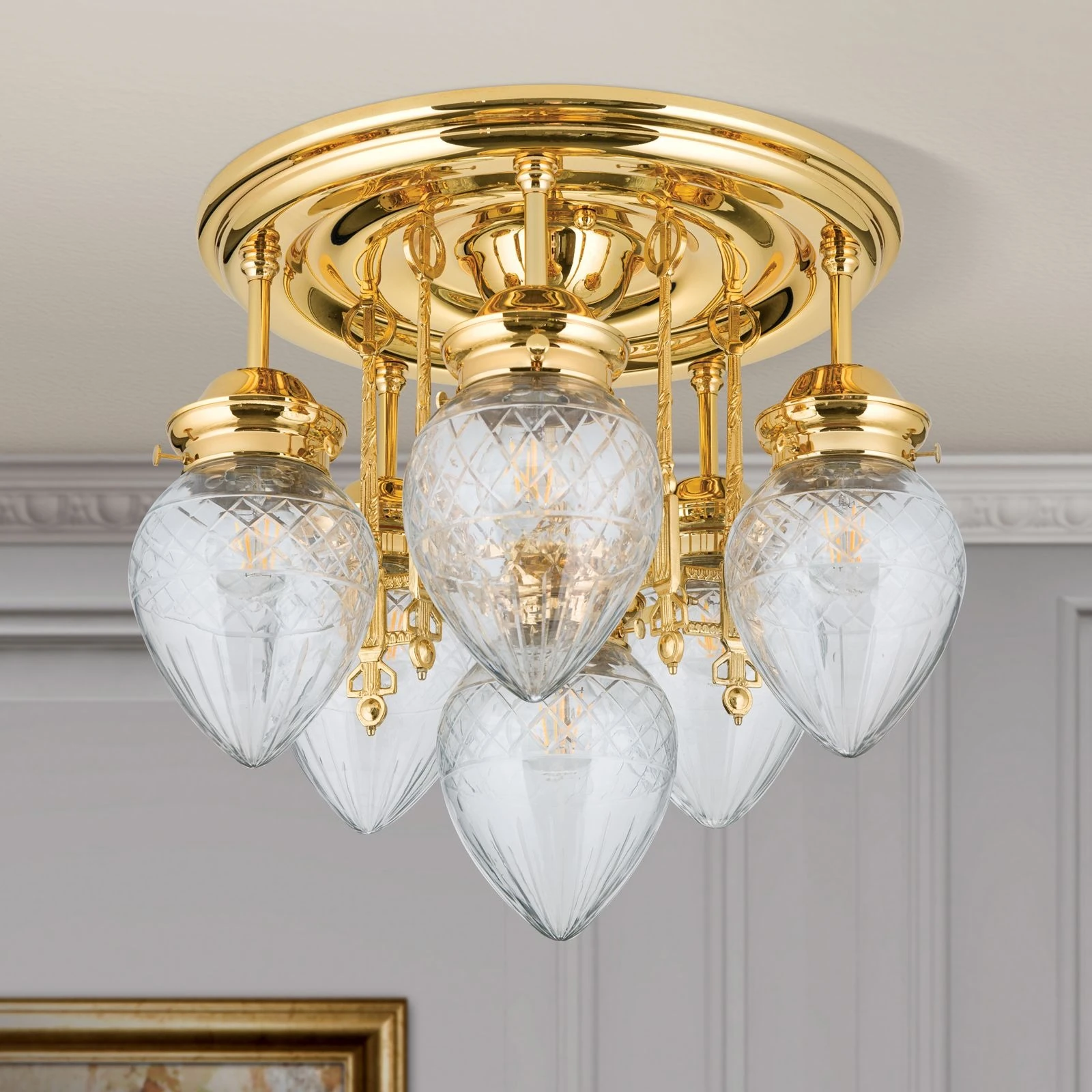 Plafonski luster BUDAPEST, 6 izvora svetla (5+1), 24-karatno pozlaćen, prozirno brušeno staklo - 3