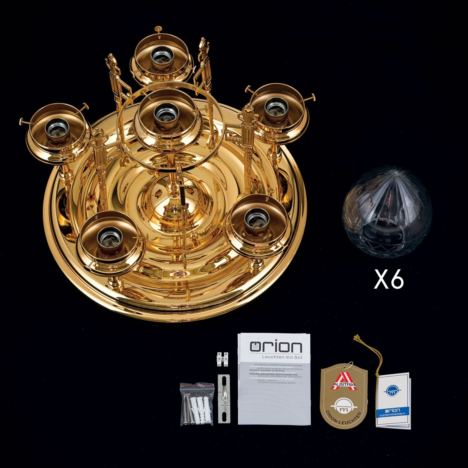 Plafonski luster BUDAPEST, 6 izvora svetla (5+1), 24-karatno pozlaćen, prozirno brušeno staklo - 8