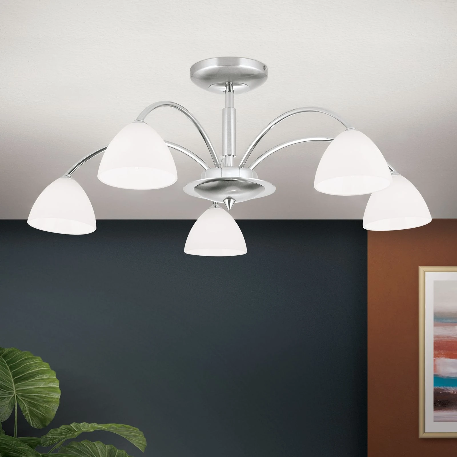 Plafonska lampa OPALDESIGN, 5 izvora svetla, saten hrom, opal staklo