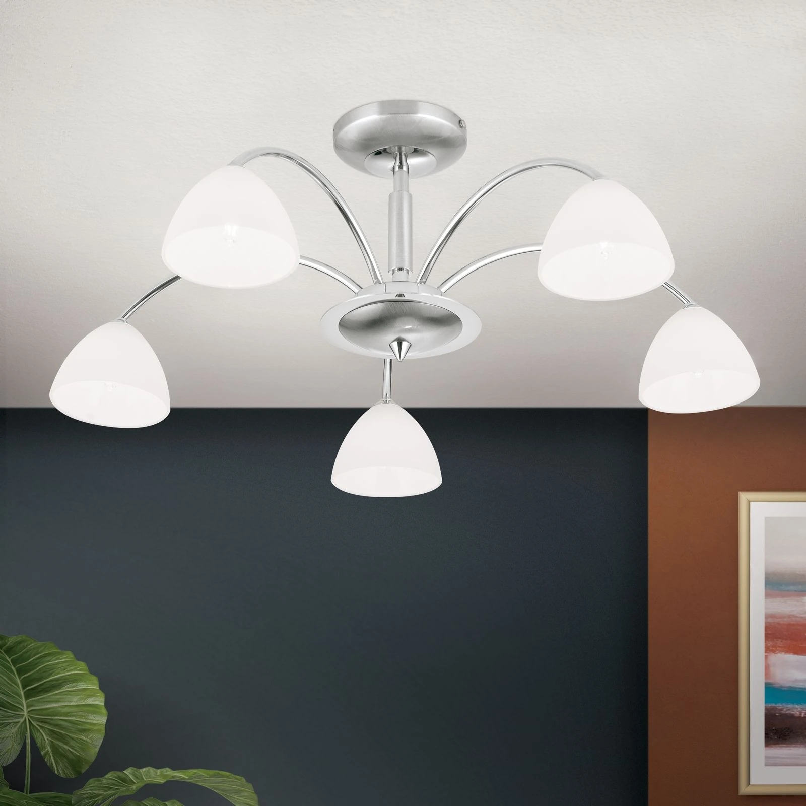 Plafonska lampa OPALDESIGN, 5 izvora svetla, saten hrom, opal staklo - 2