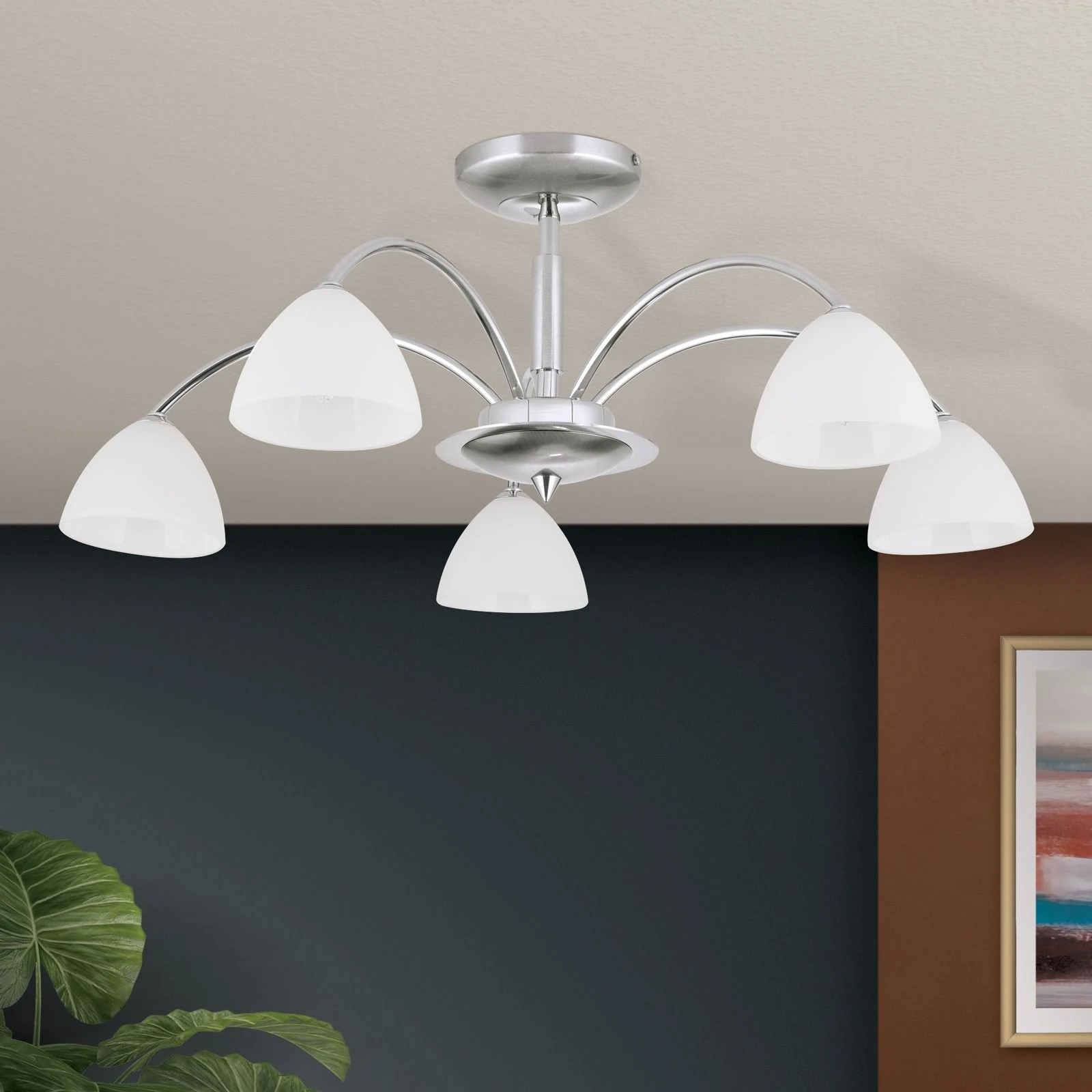 Plafonska lampa OPALDESIGN, 5 izvora svetla, saten hrom, opal staklo - 3