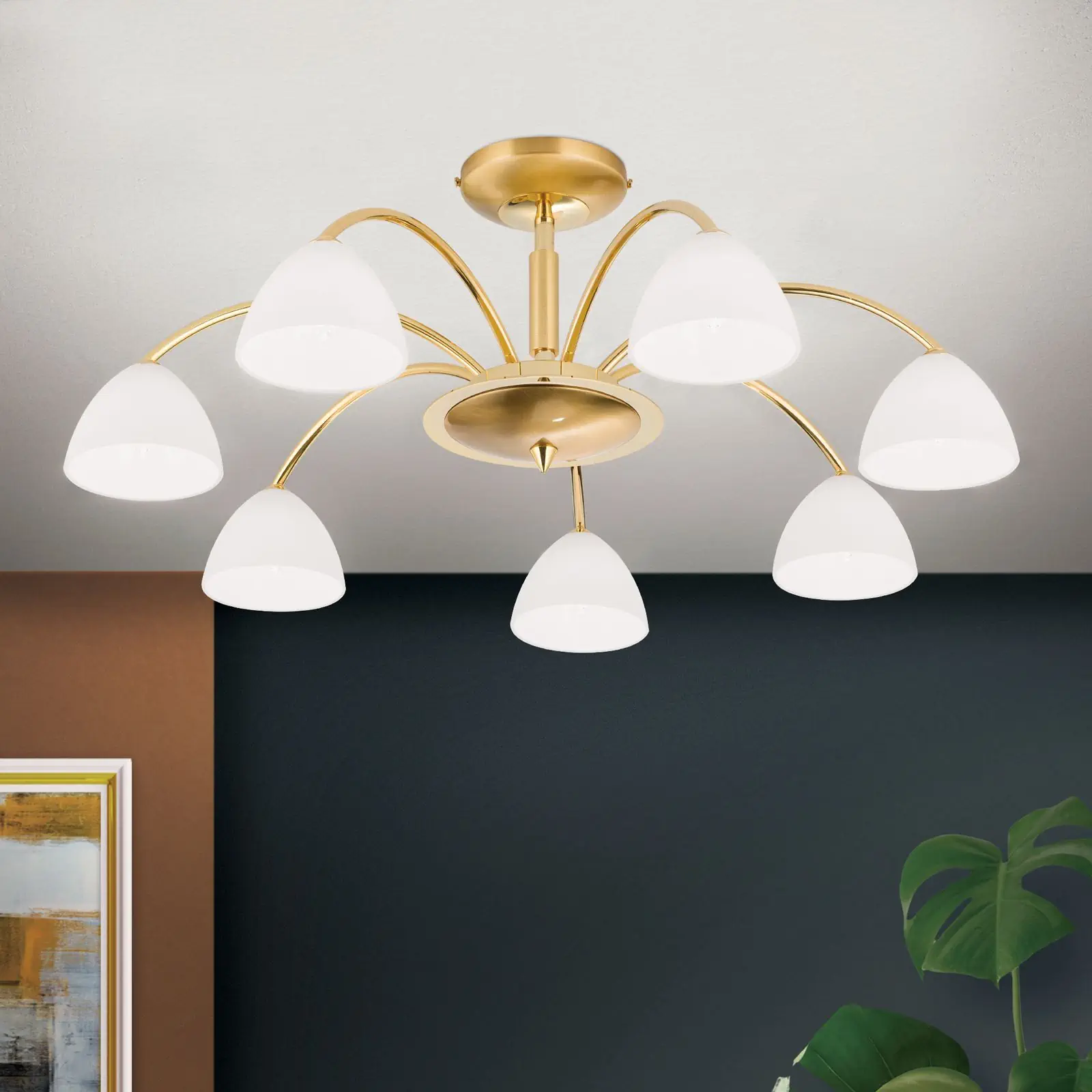 Plafonski luster OPALDESIGN, sa 7 izvora svetla, zlatni, sa opalnim staklom - 2