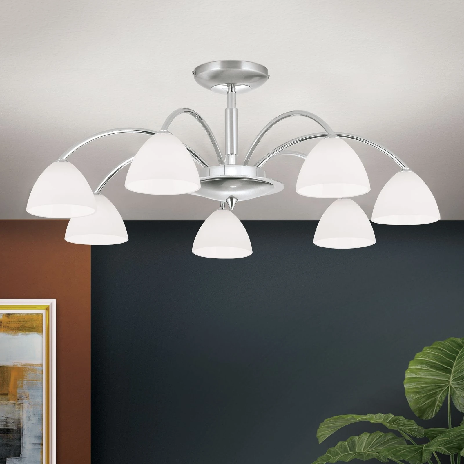 Plafonska lampa OPALDESIGN, 7 izvora svetla, saten hrom, opal staklo