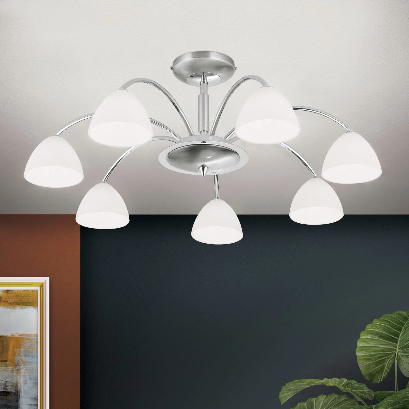Plafonska lampa OPALDESIGN, 7 izvora svetla, saten hrom, opal staklo - 2