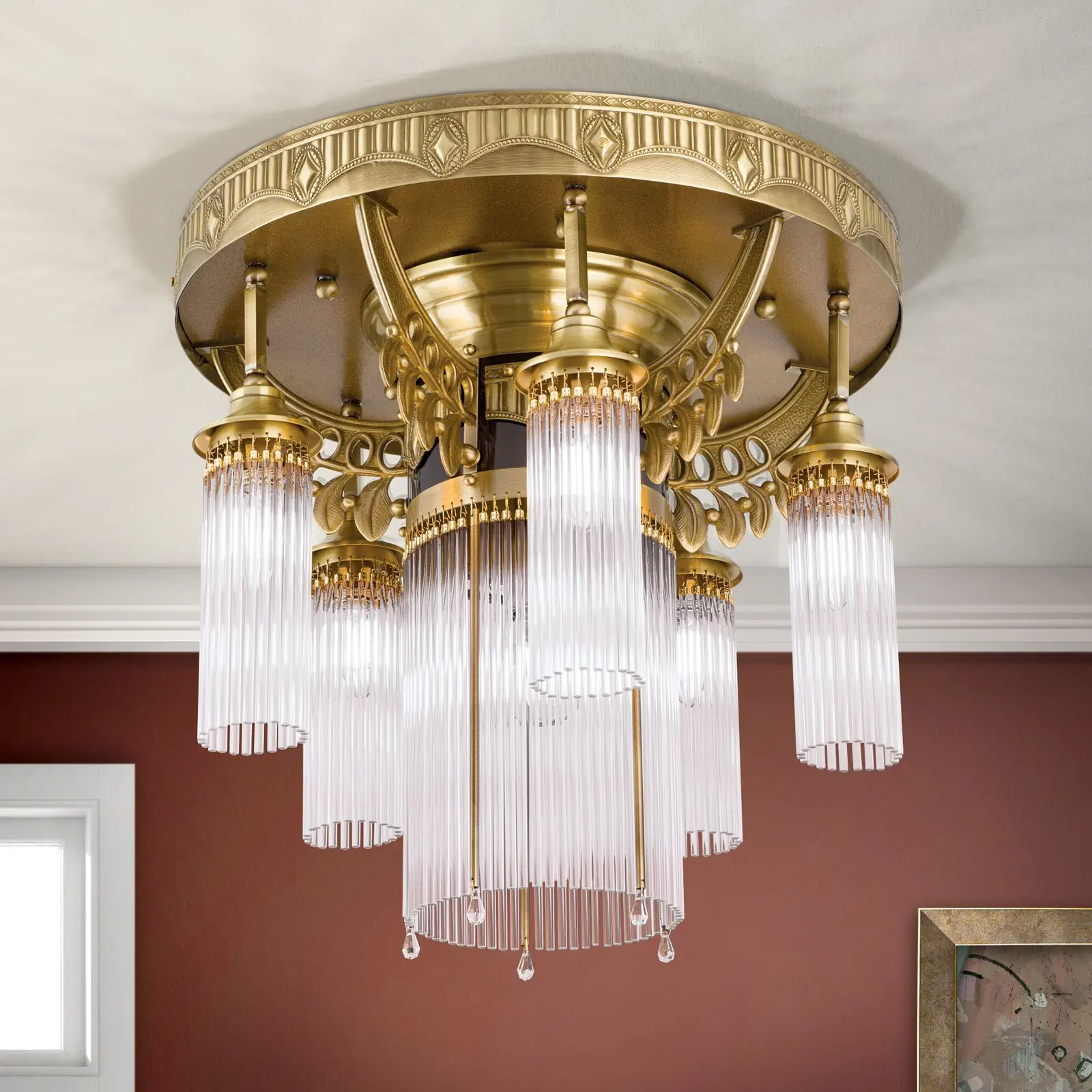 Plafonski luster ADELE, sa 6 izvora svetla, antik mesing, sa staklenim šipkama - 2