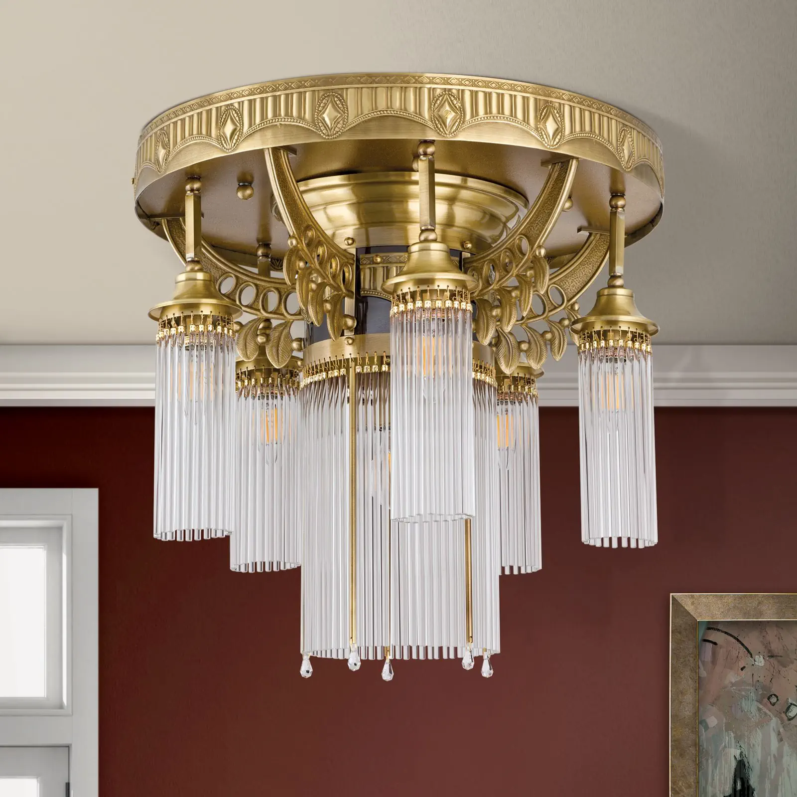 Plafonski luster ADELE, sa 6 izvora svetla, antik mesing, sa staklenim šipkama - 3