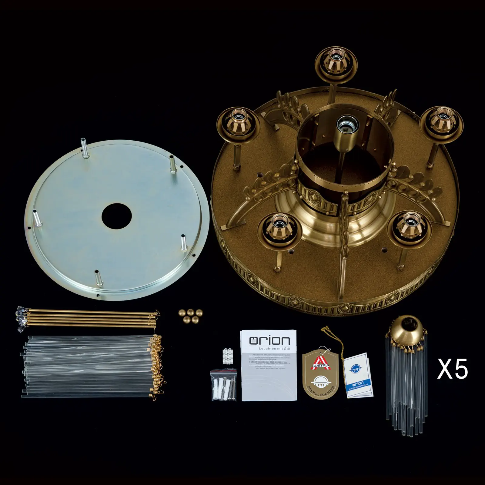 Plafonski luster ADELE, sa 6 izvora svetla, antik mesing, sa staklenim šipkama - 8