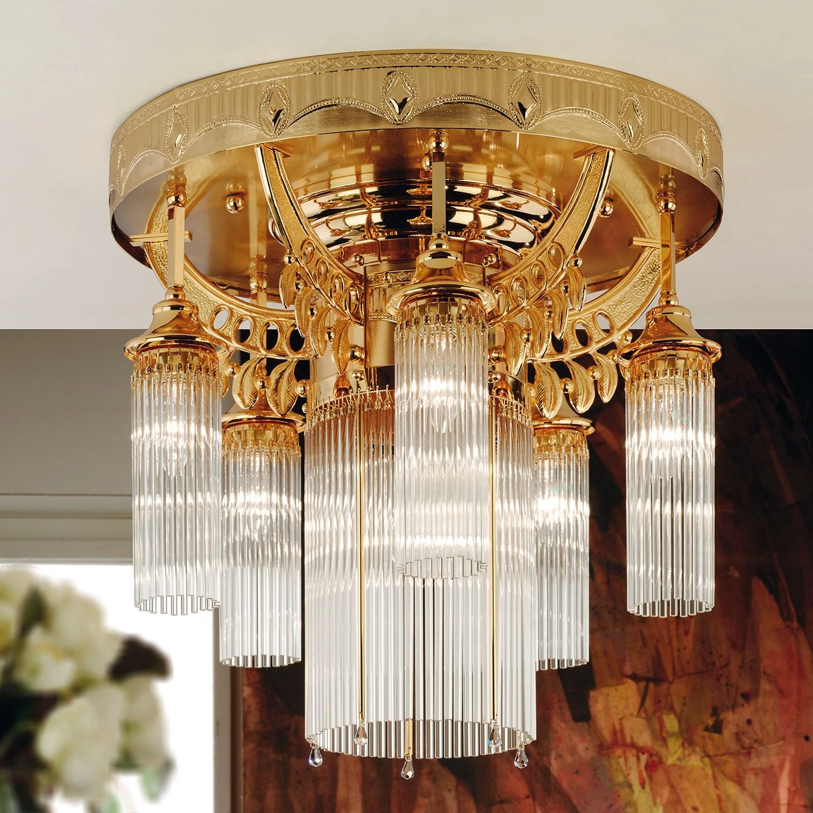 Plafonski luster ADELE, 6 izvora svetla, 24-karatno pozlaćen, kristalni stakleni štapići - 4