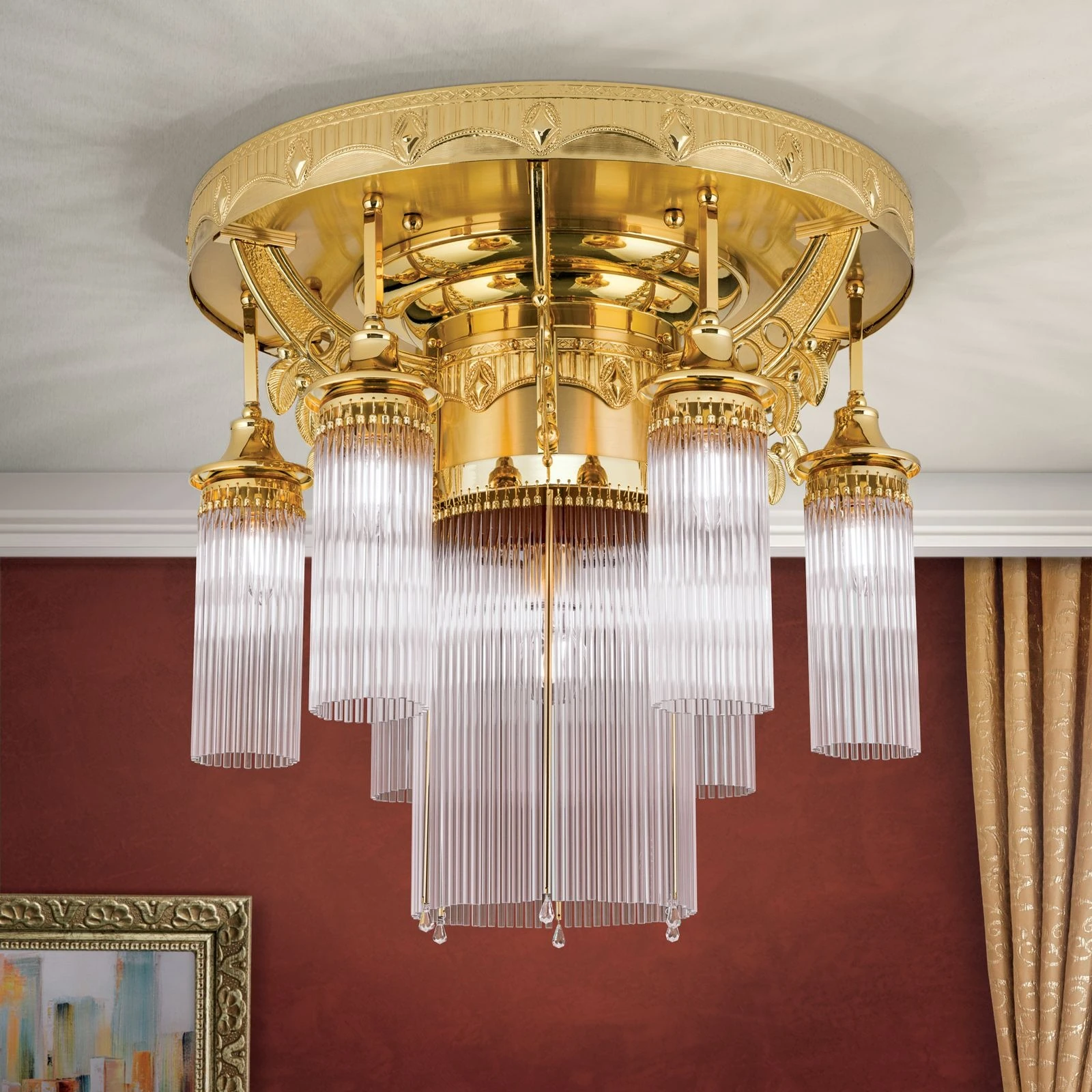 Plafonski luster ADELE, 7 izvora svetla, 24-karatno pozlaćen, kristalni stakleni štapići