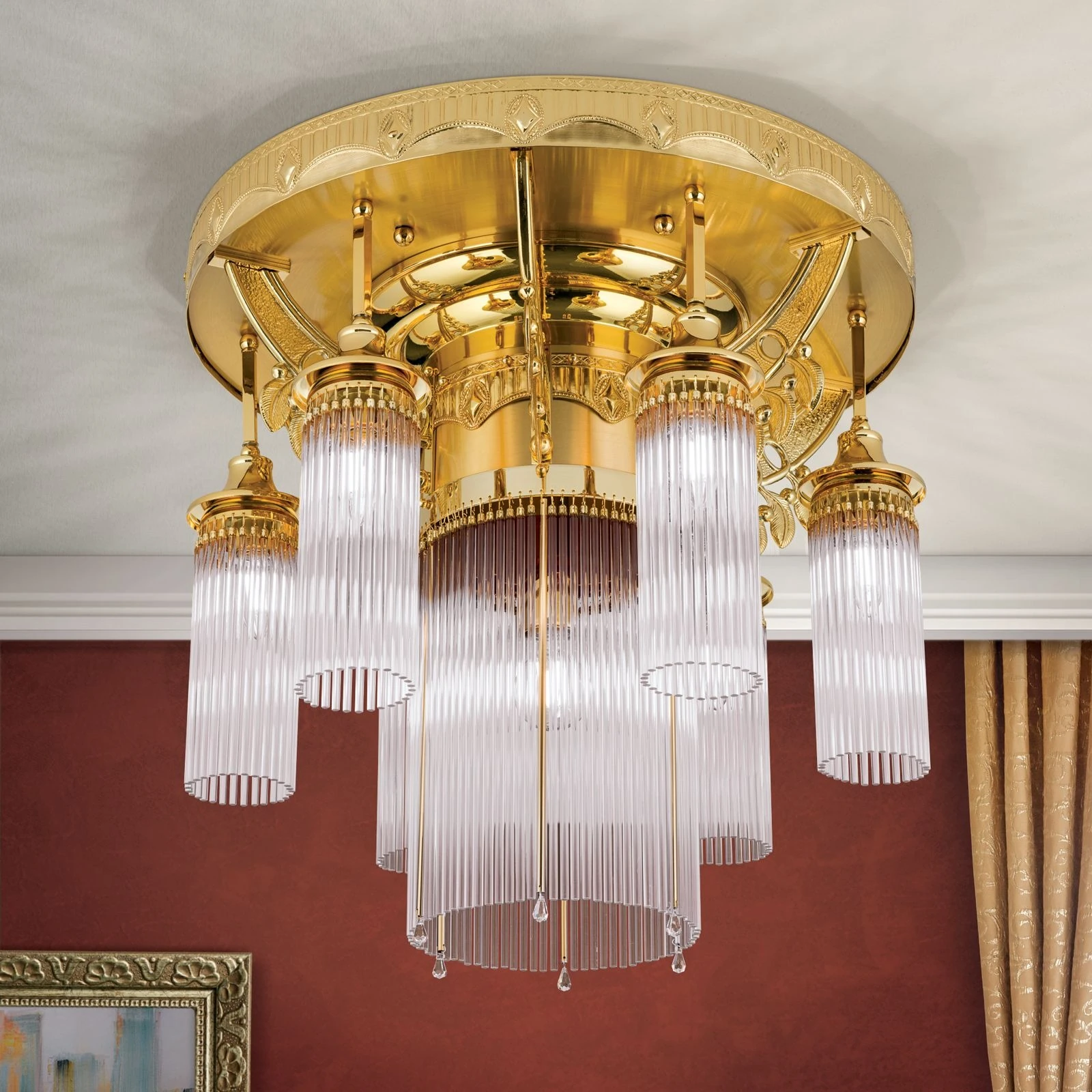 Plafonski luster ADELE, 7 izvora svetla, 24-karatno pozlaćen, kristalni stakleni štapići - 2