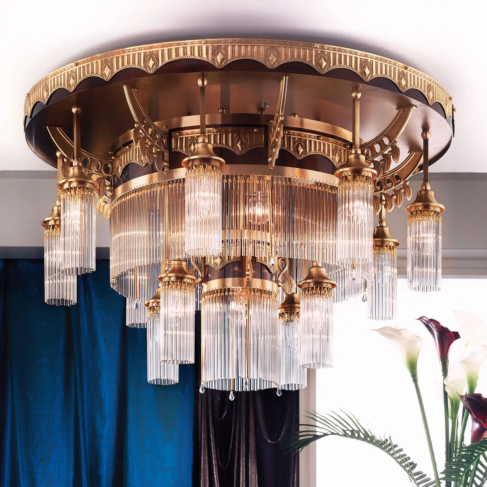 Plafonski luster ADELE, sa 13 izvora svetla, antik mesing, sa staklenim šipkama - 4