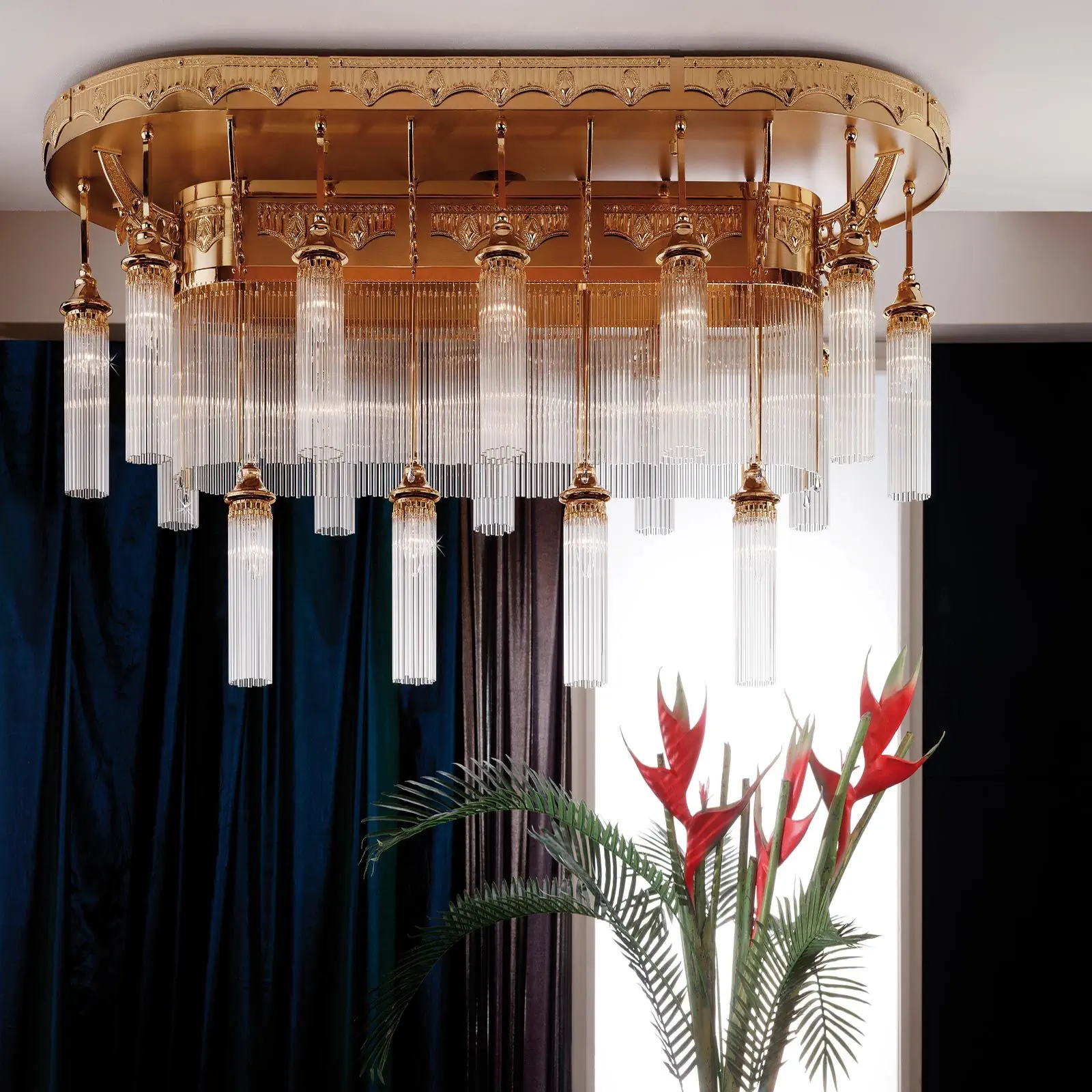 Plafonski luster ADELE, sa 16 izvora svetla, ovalni, zlatni, sa staklenim šipkama - 5