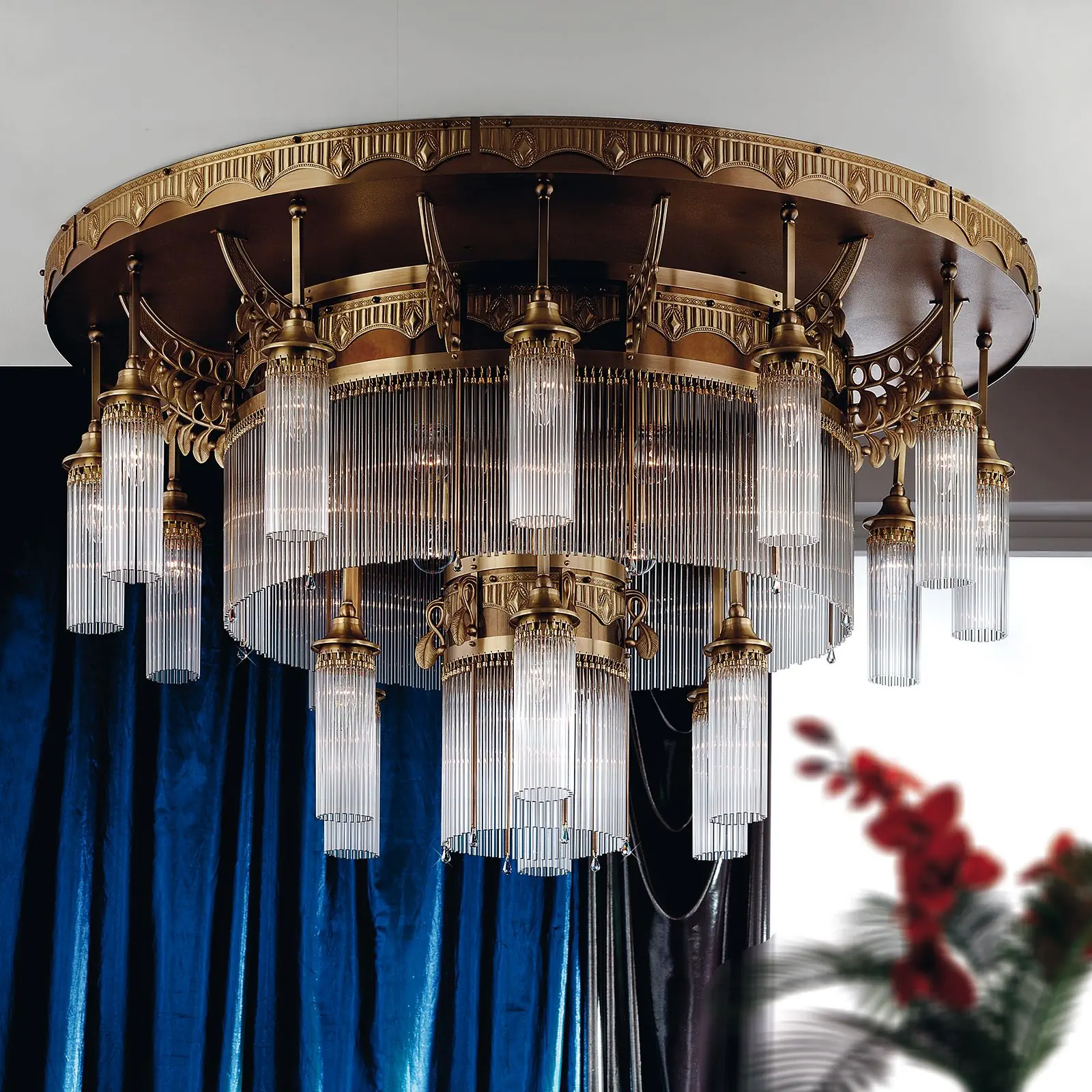 Plafonski luster ADELE, sa 25 izvora svetla, antik mesing, sa staklenim šipkama - 5