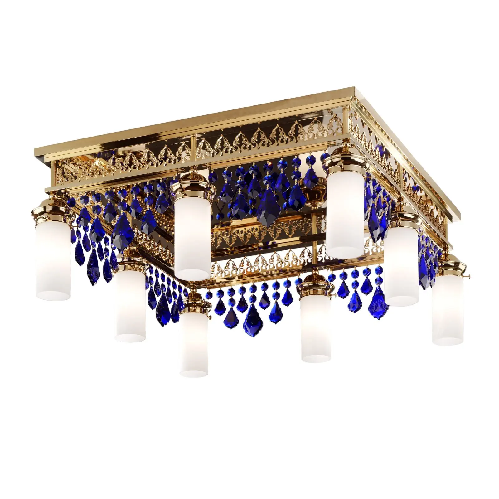 Plafonski luster ORIONtal, sa 8 izvora svetla, zlatni, sa plavim kristalnim privescima - 3