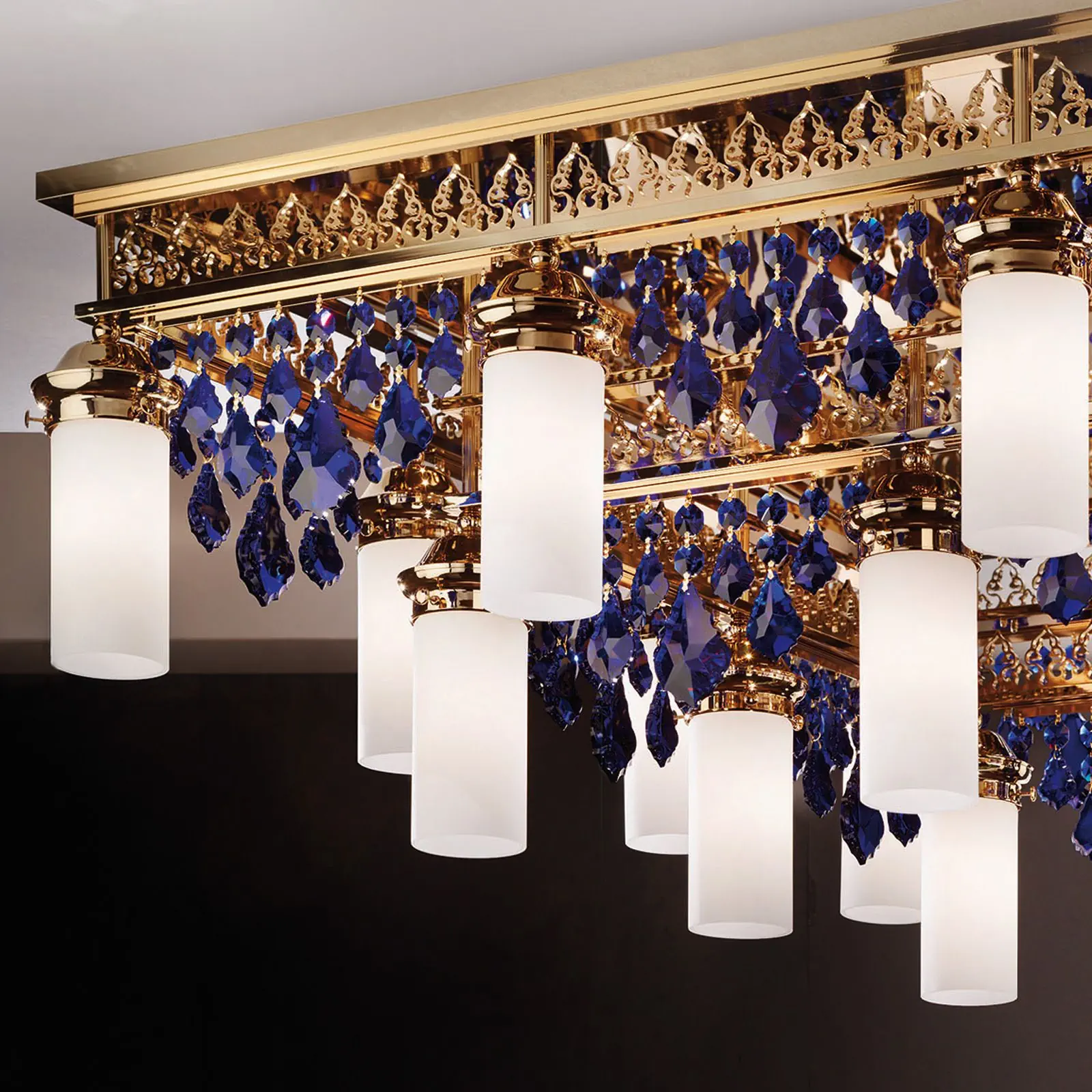 Plafonski luster ORIONtal, sa 20 izvora svetla, zlatni, sa plavim kristalnim privescima - 2