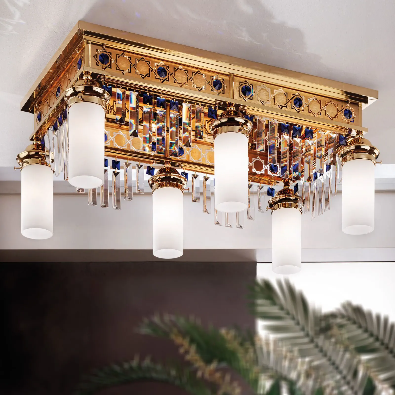 Plafonski luster ORIONtal, sa 6 izvora svetla, zlatni, sa plavim kristalnim prizmama - 1