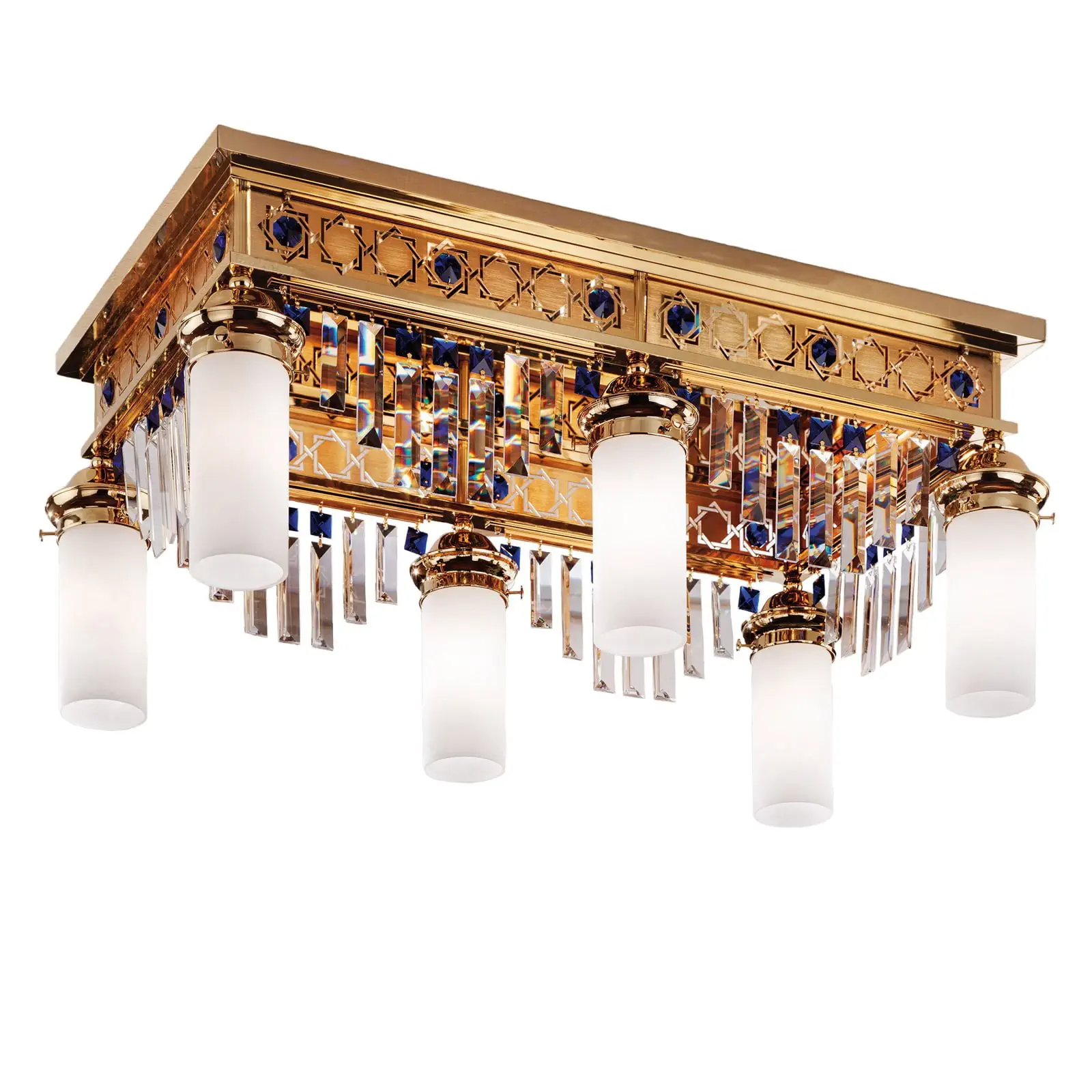 Plafonski luster ORIONtal, sa 6 izvora svetla, zlatni, sa plavim kristalnim prizmama - 3