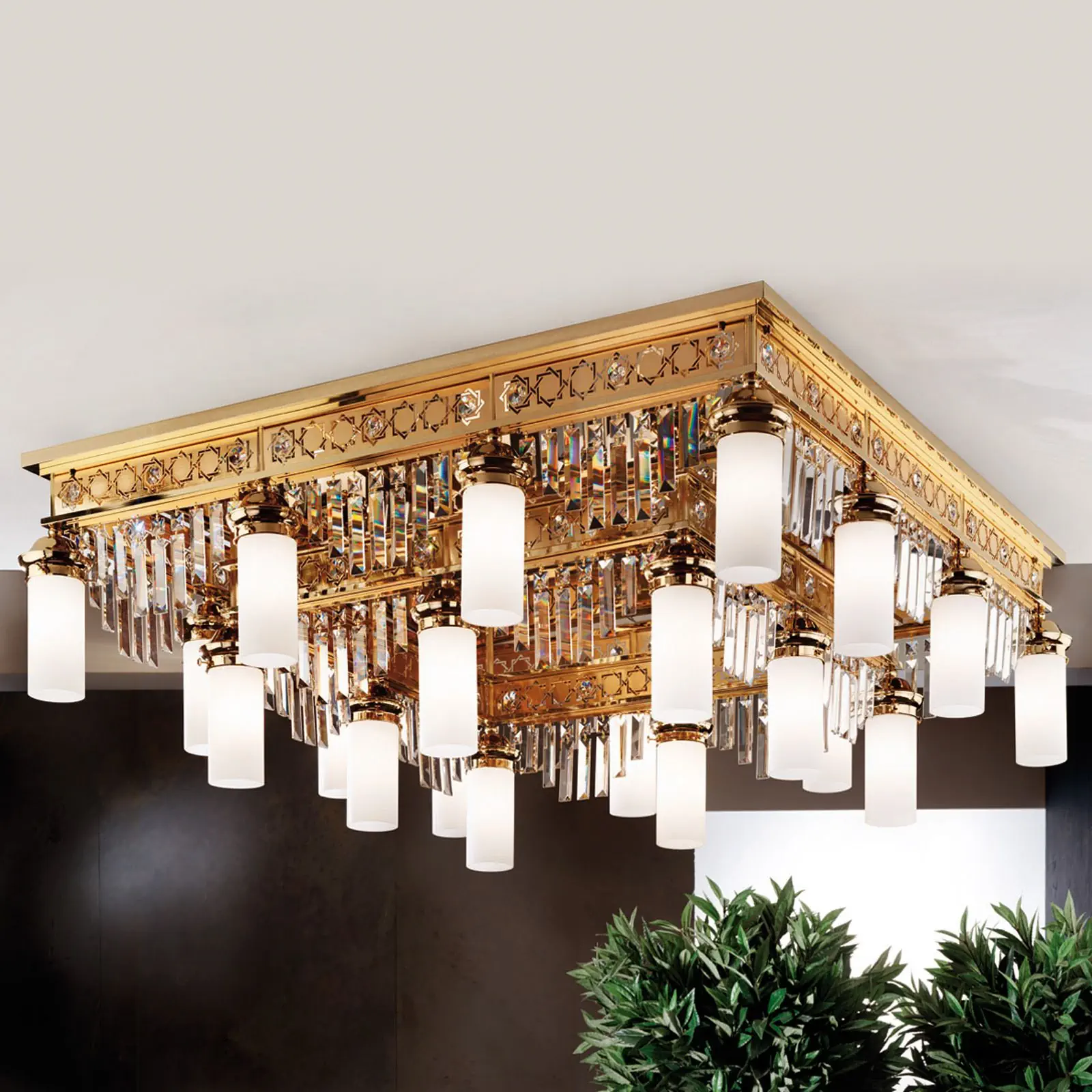 Plafonski luster ORIONtal, sa 20 izvora svetla, zlatni, sa providnim kristalnim prizmama - 1