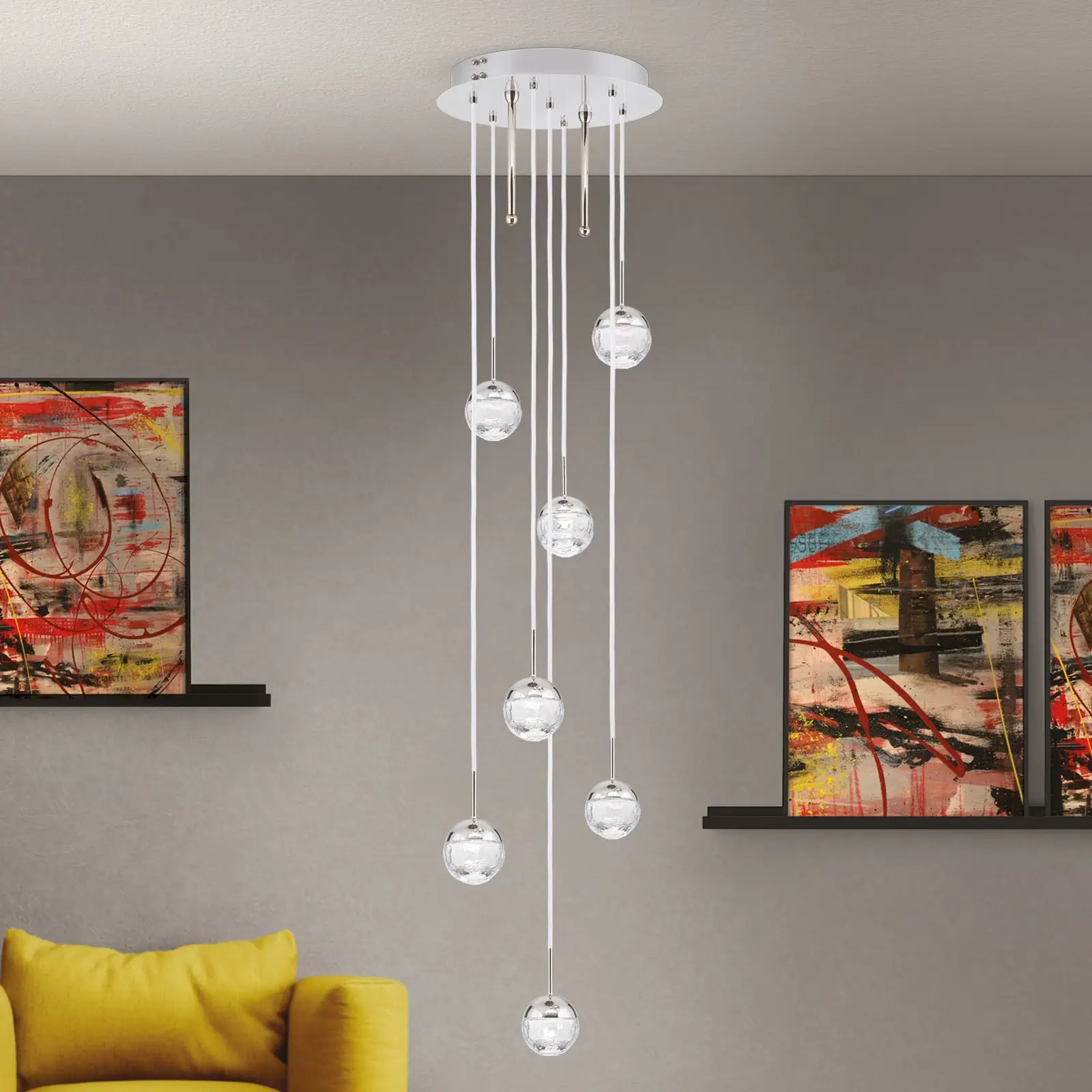 Plafonski luster BALL, Ø 40 cm, nikl, sa belim tekstilnim kablom i providnim brušenim kristalnim staklom - 2