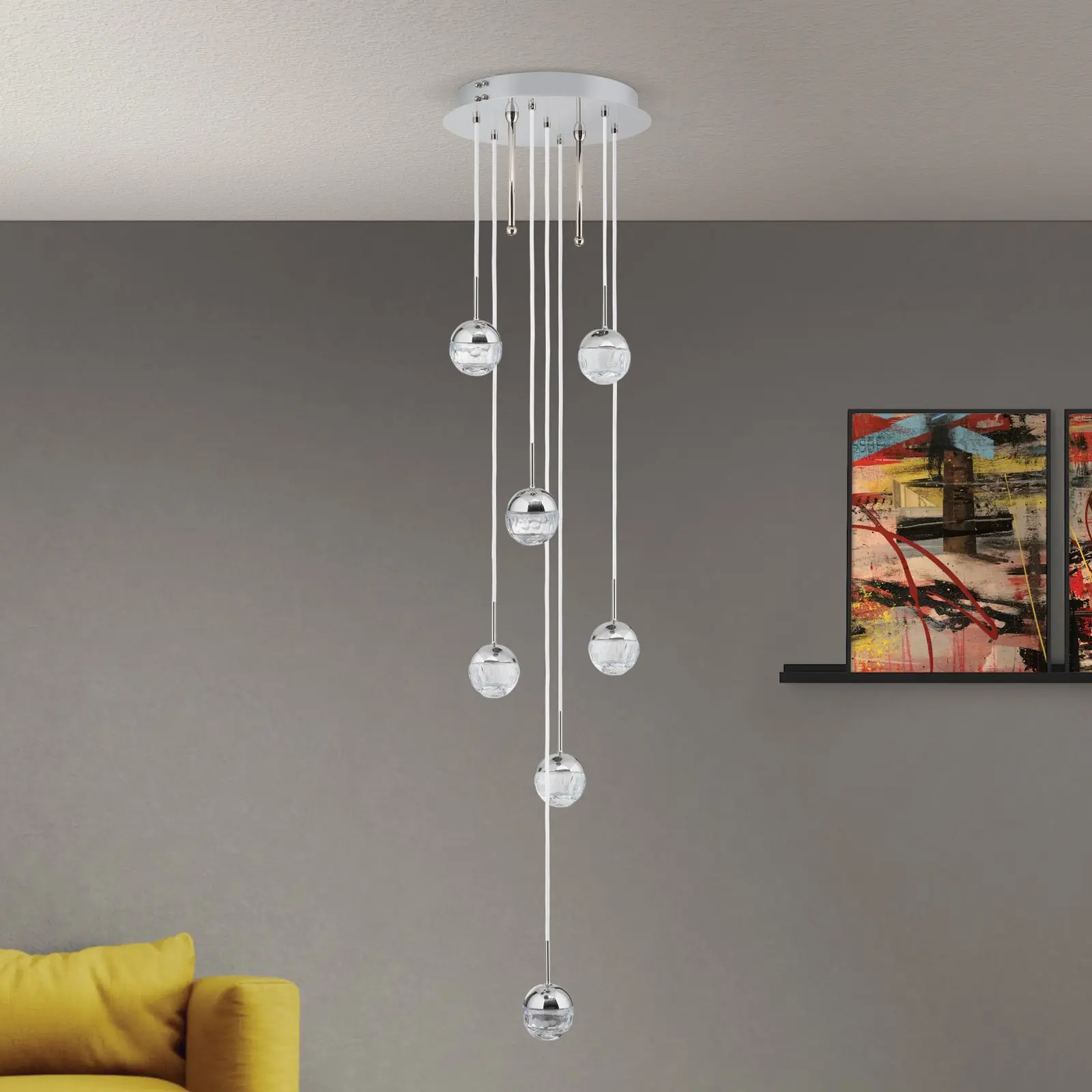 Plafonski luster BALL, Ø 40 cm, nikl, sa belim tekstilnim kablom i providnim brušenim kristalnim staklom - 7