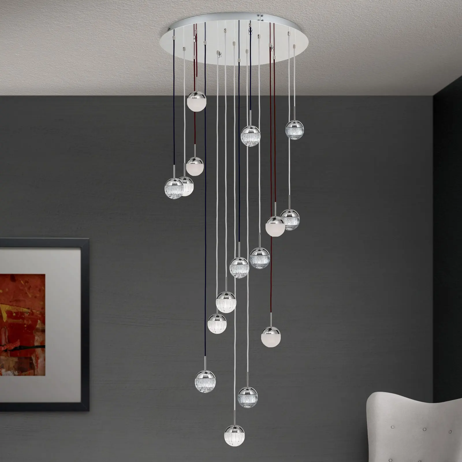 Plafonski luster BALL, Ø 80 cm, nikl, sa tekstilnim kablom u različitim bojama i varijantama kristalnog stakla - 3