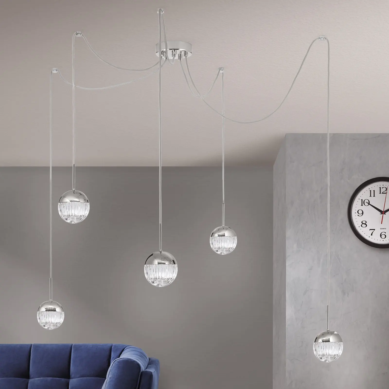 Klaster lampa BALL, 5 izvora svetla, nikl, sa prozirnim kristalnim staklom, linijsko rezanje - 1