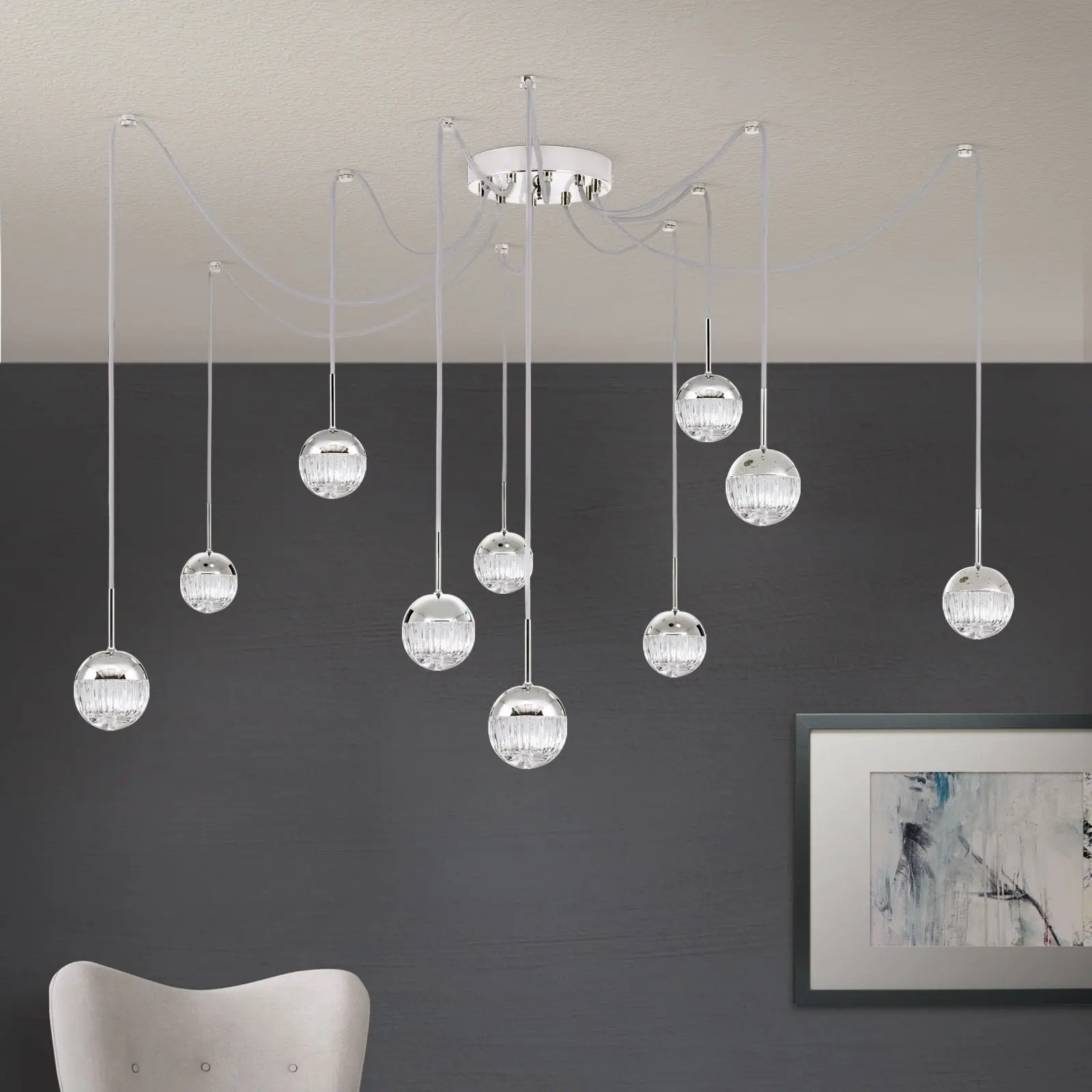 Klaster lampa BALL, 10 izvora svetla, nikl, sa prozirnim kristalnim staklom, linijsko rezanje - 1