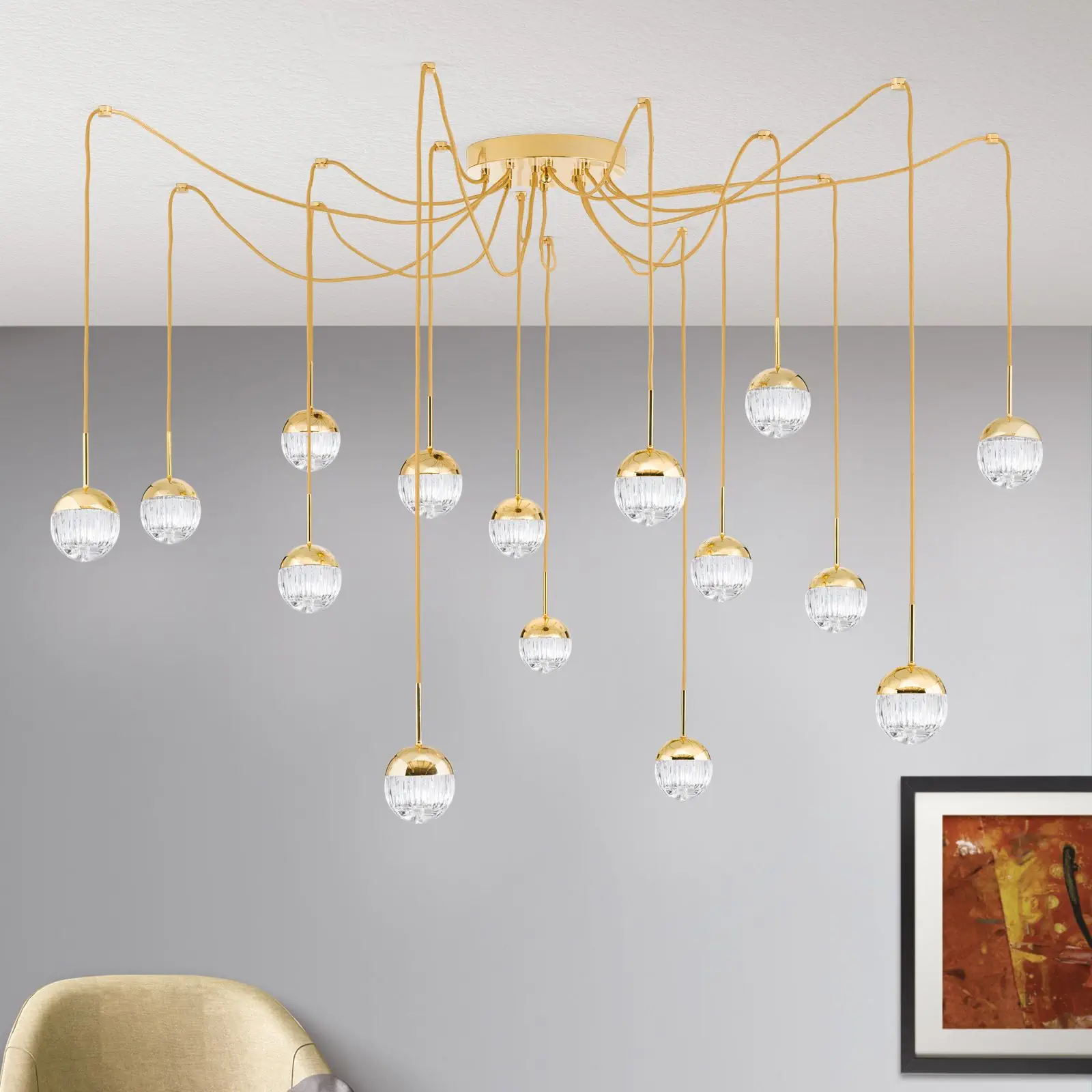 Klaster lampa BALL, 15 izvora svetla, zlato, sa prozirnim kristalnim staklom, linijsko rezanje - 1