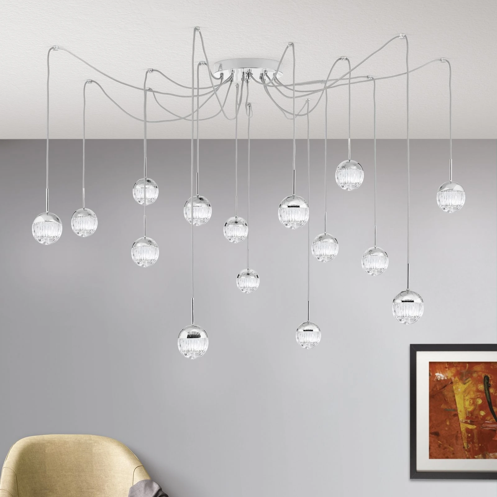 Luster BALL Klaster, 15 izvora svetla, sjajni nikl, providno kristalno staklo (ručno sečeno) - 1