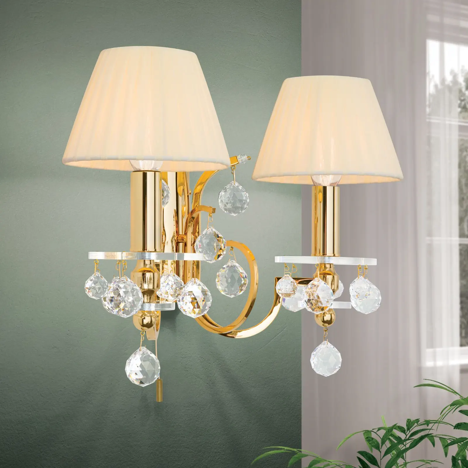 Zidna lampa KRISTALLDESIGN, sa dva izvora svetla, pozlaćena sa šampanj boje abažurima - 2
