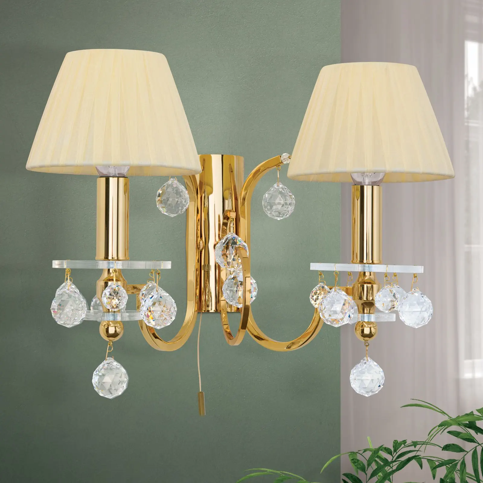 Zidna lampa KRISTALLDESIGN, sa dva izvora svetla, pozlaćena sa šampanj boje abažurima - 3