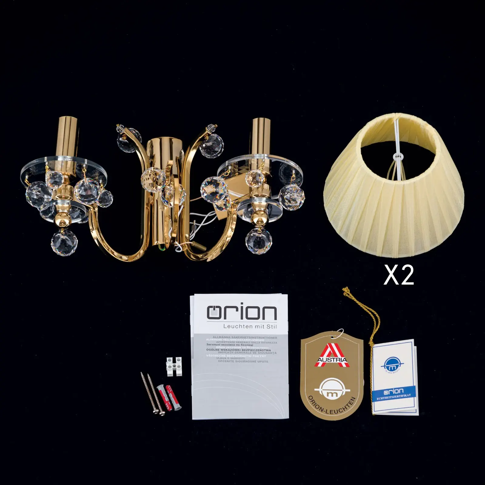 Zidna lampa KRISTALLDESIGN, sa dva izvora svetla, pozlaćena sa šampanj boje abažurima - 8