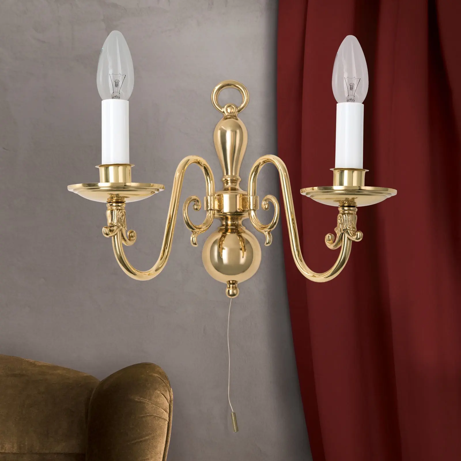 Zidna lampa FLÄMISCH, sa dva izvora svetla, sjajni mesing - 1