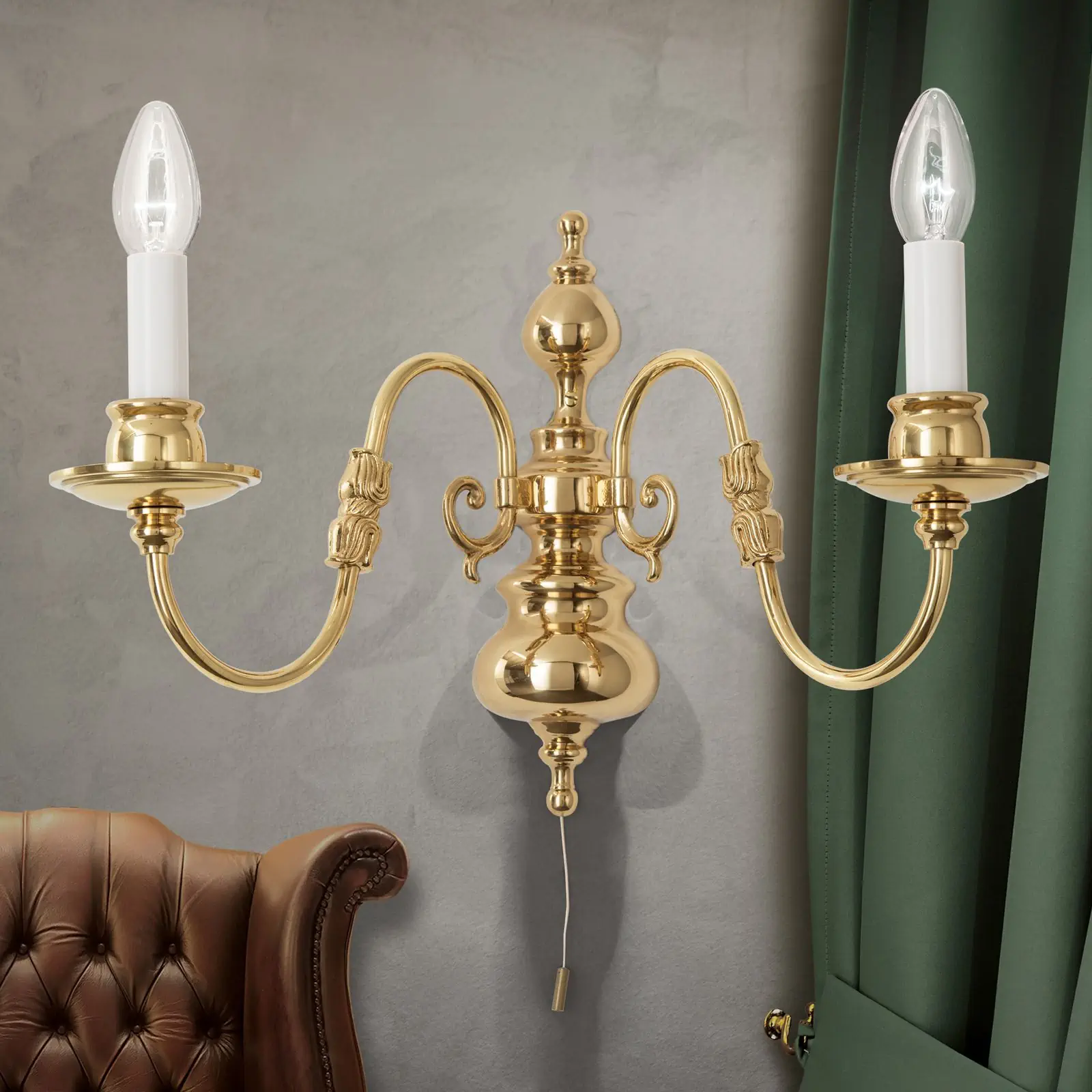 Zidna lampa sa krakom FLÄMISCH, sa dva izvora svetla, sjajni mesing - 1